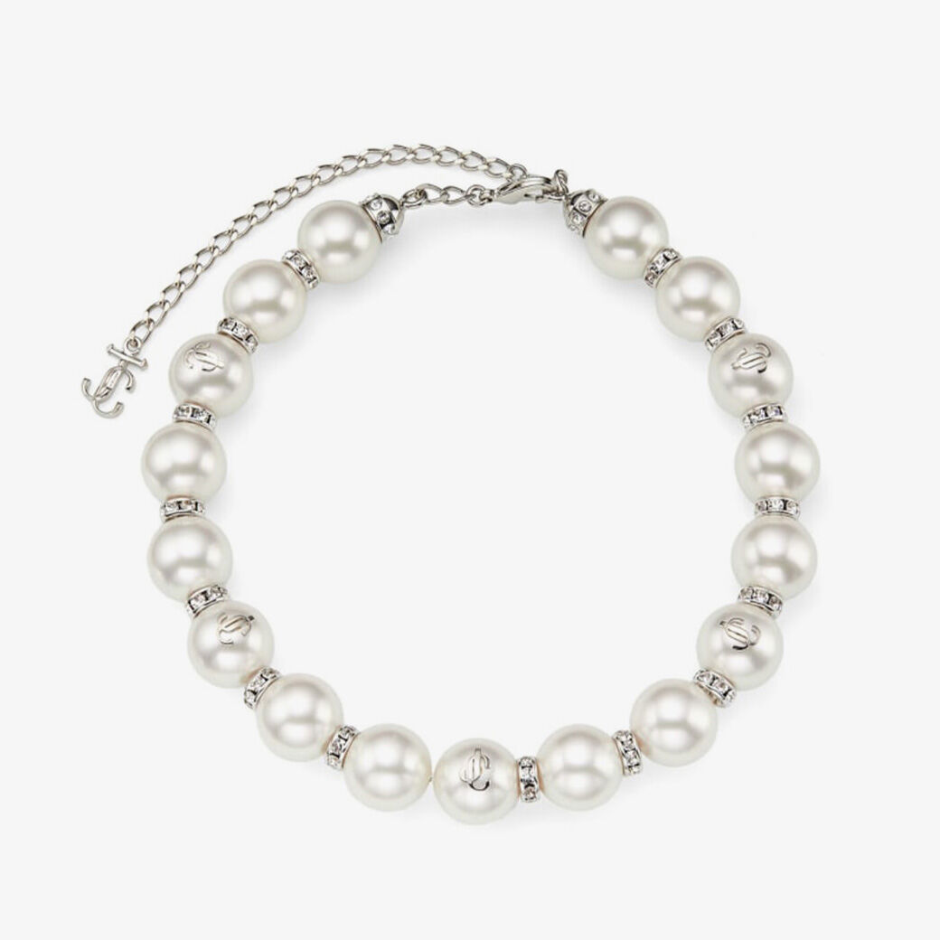 Pearl Crystal Choker Silver-Finish Metal Choker with Pearls and Crystal