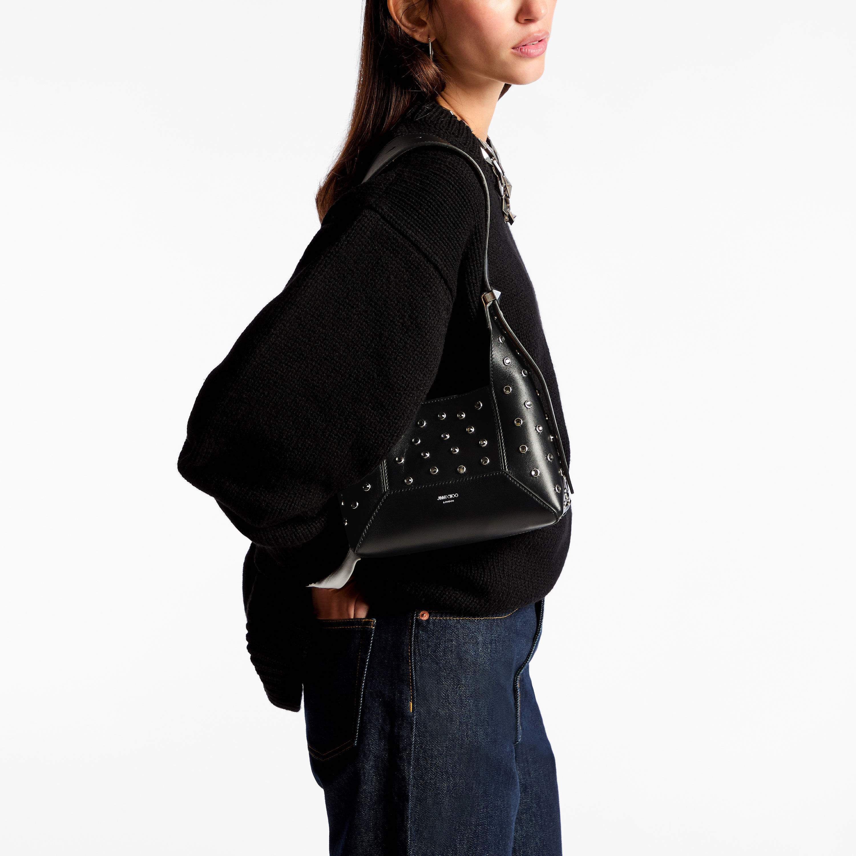 Diamond Hobo S Black Leather Crystal Shoulder Bag