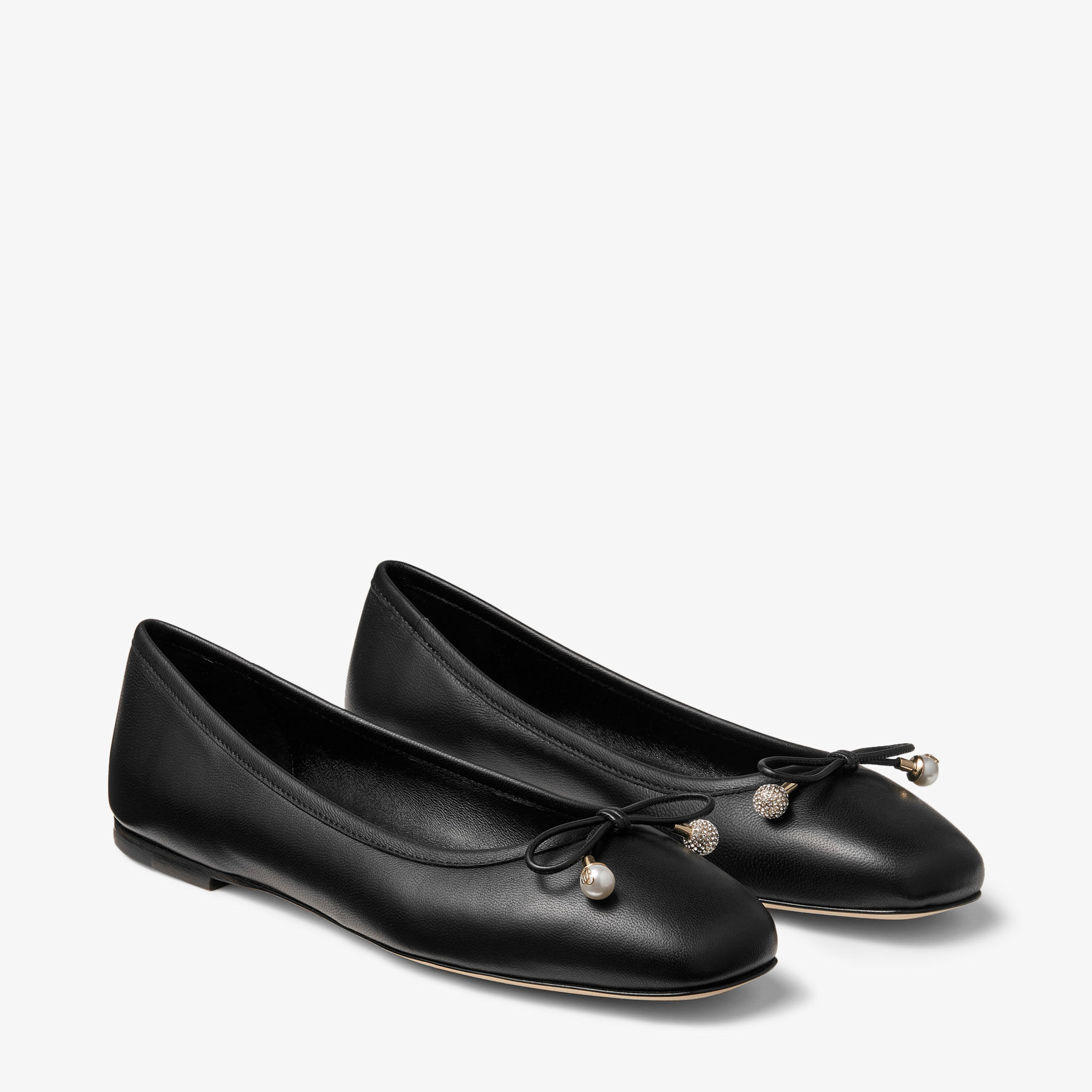 Elme Flat Black Nappa Leather Flats with Pearl Embellishment
