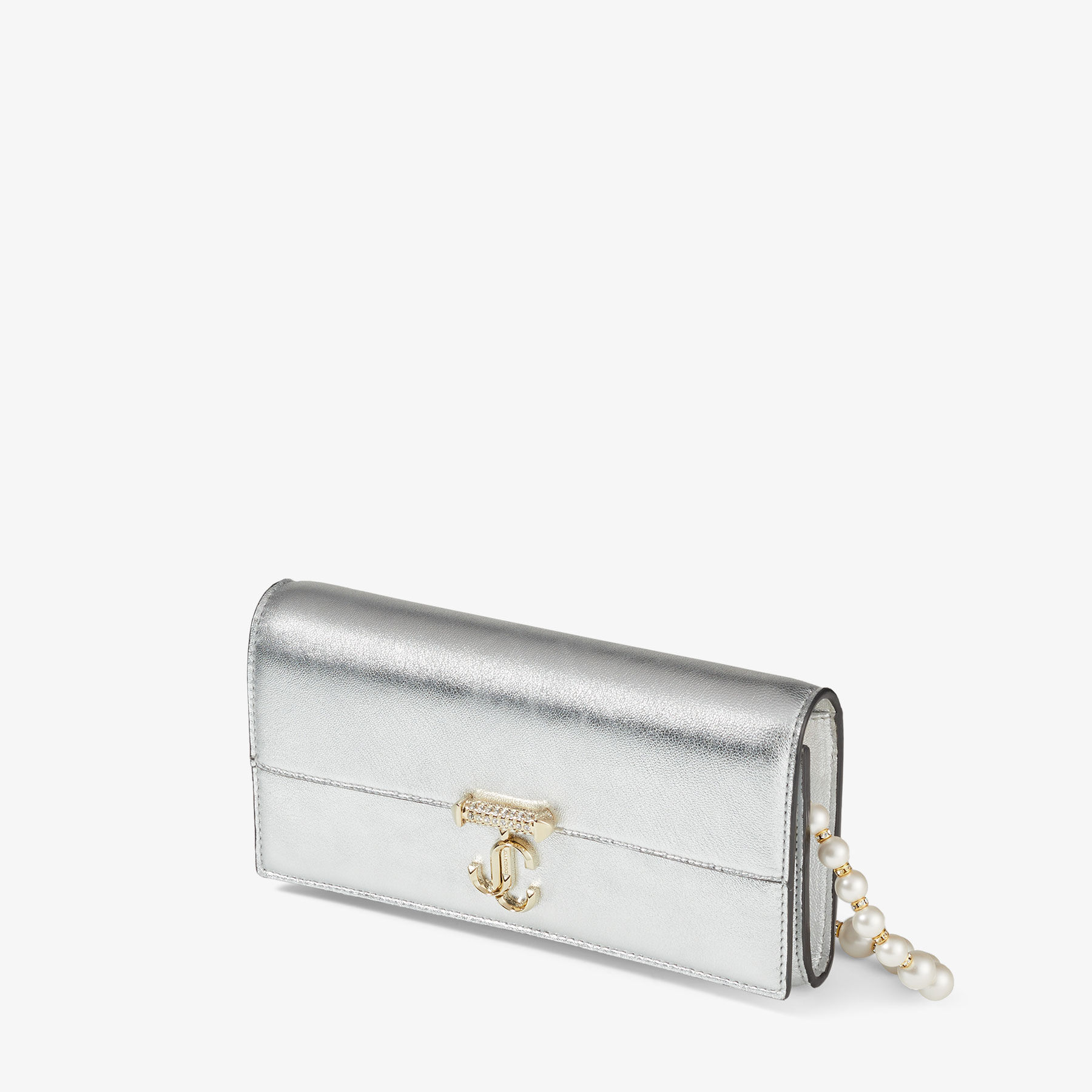 Avenue Wallet Silver Metallic Nappa Leather Wallet with Pearl Strap