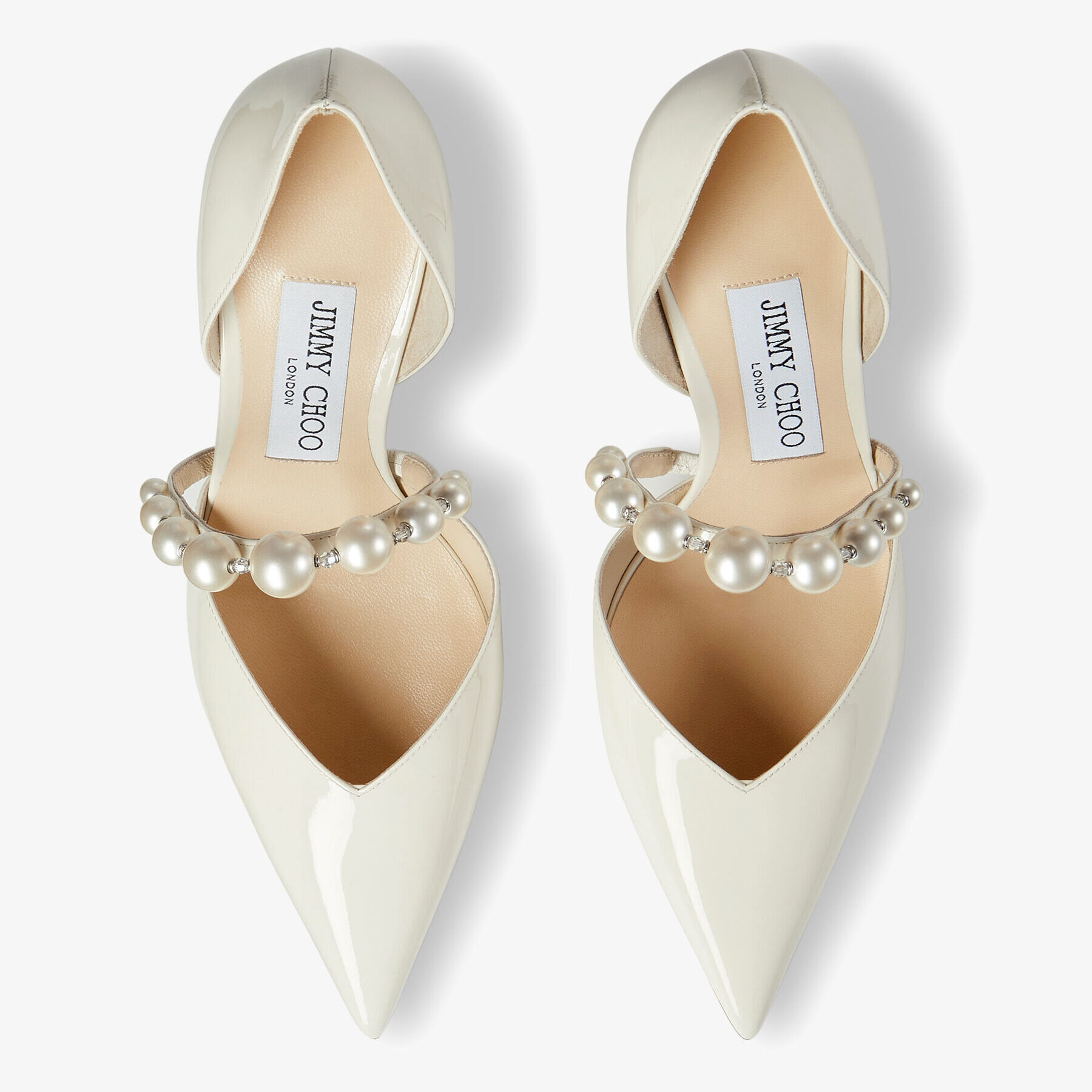 Aurelie 85 Latte Patent Leather Pointed Pumps with Pearl Embellishment
