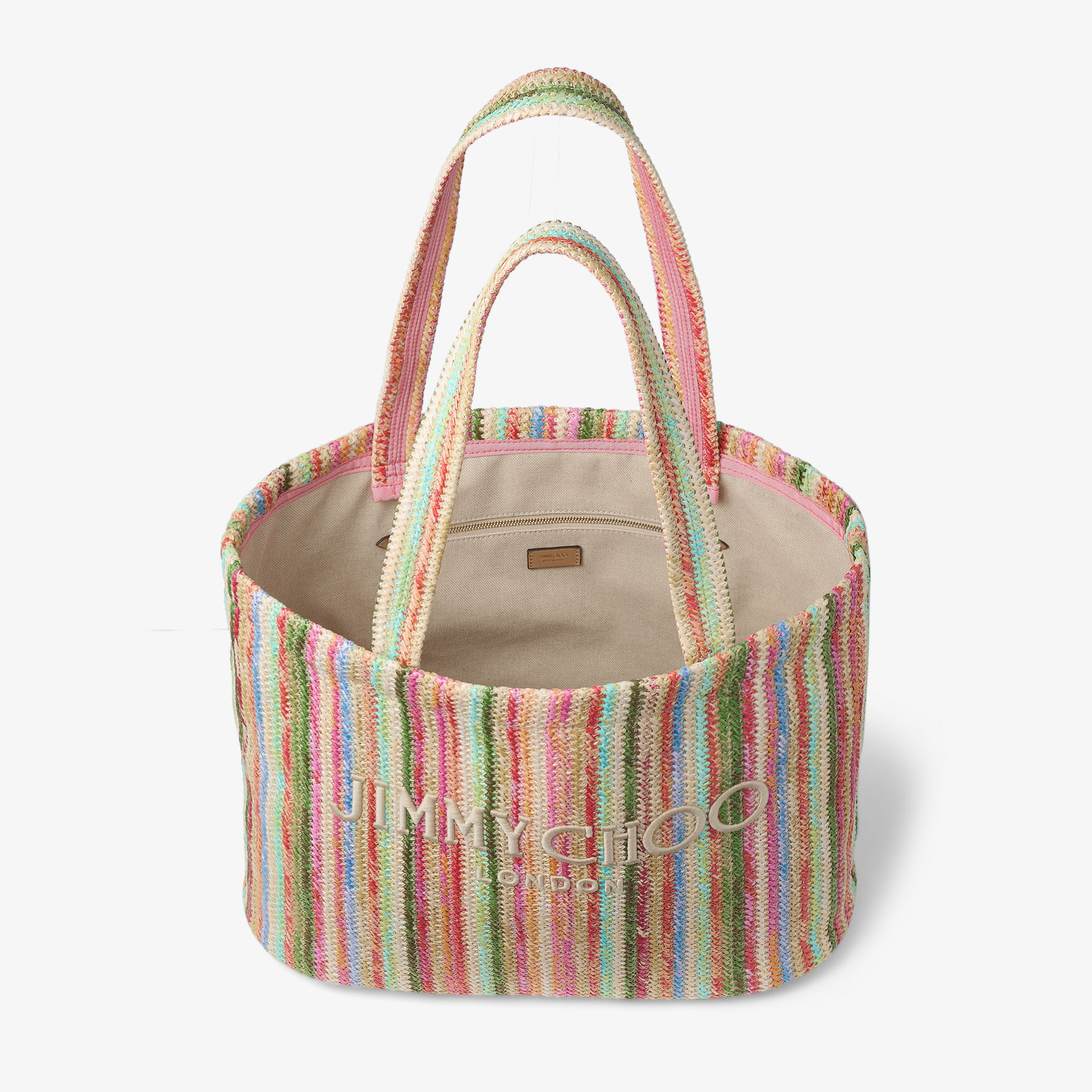 Beach Tote East-West Ecru Striped Raffia Embroidered Tote Bag