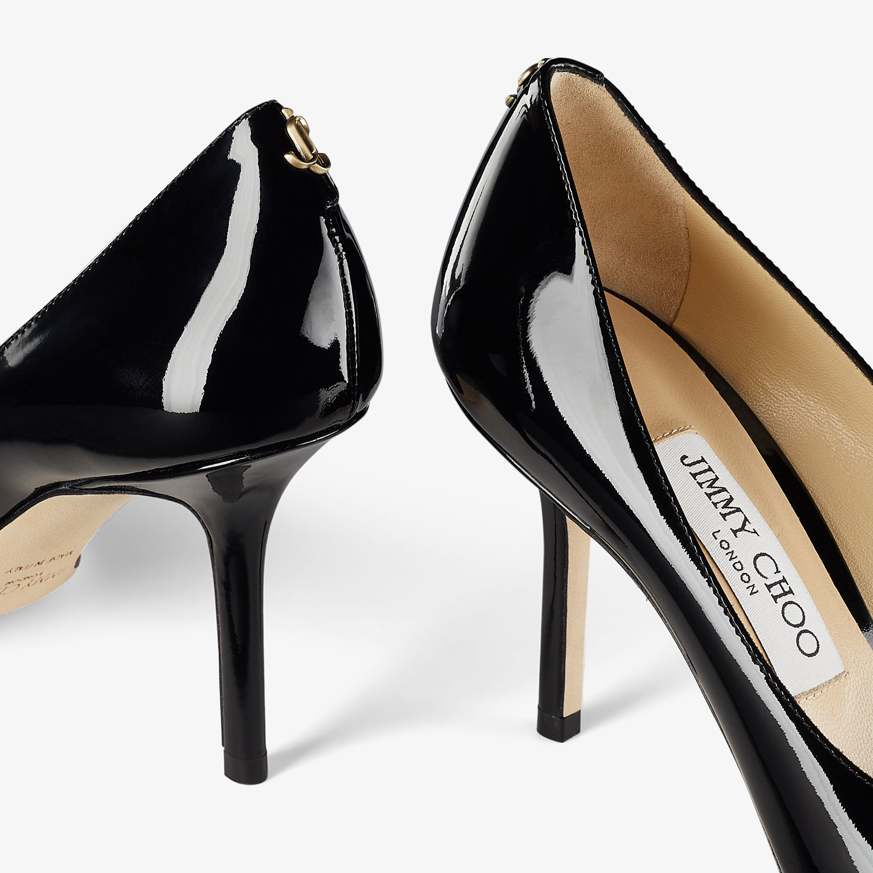 Love 85 Black Patent Leather Pumps with JC Emblem