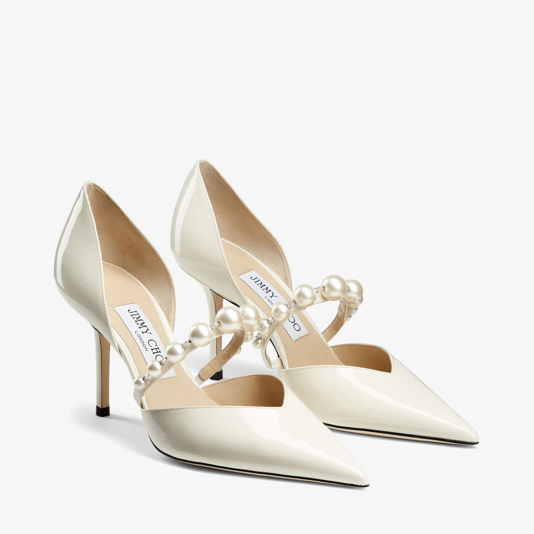 Aurelie 85 Latte Patent Leather Pointed Pumps with Pearl Embellishment