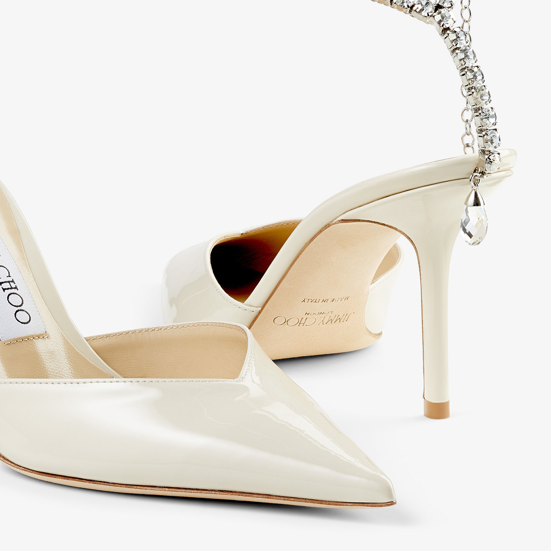 Saeda 85 Linen Patent Leather Pumps with Crystal Embellishment
