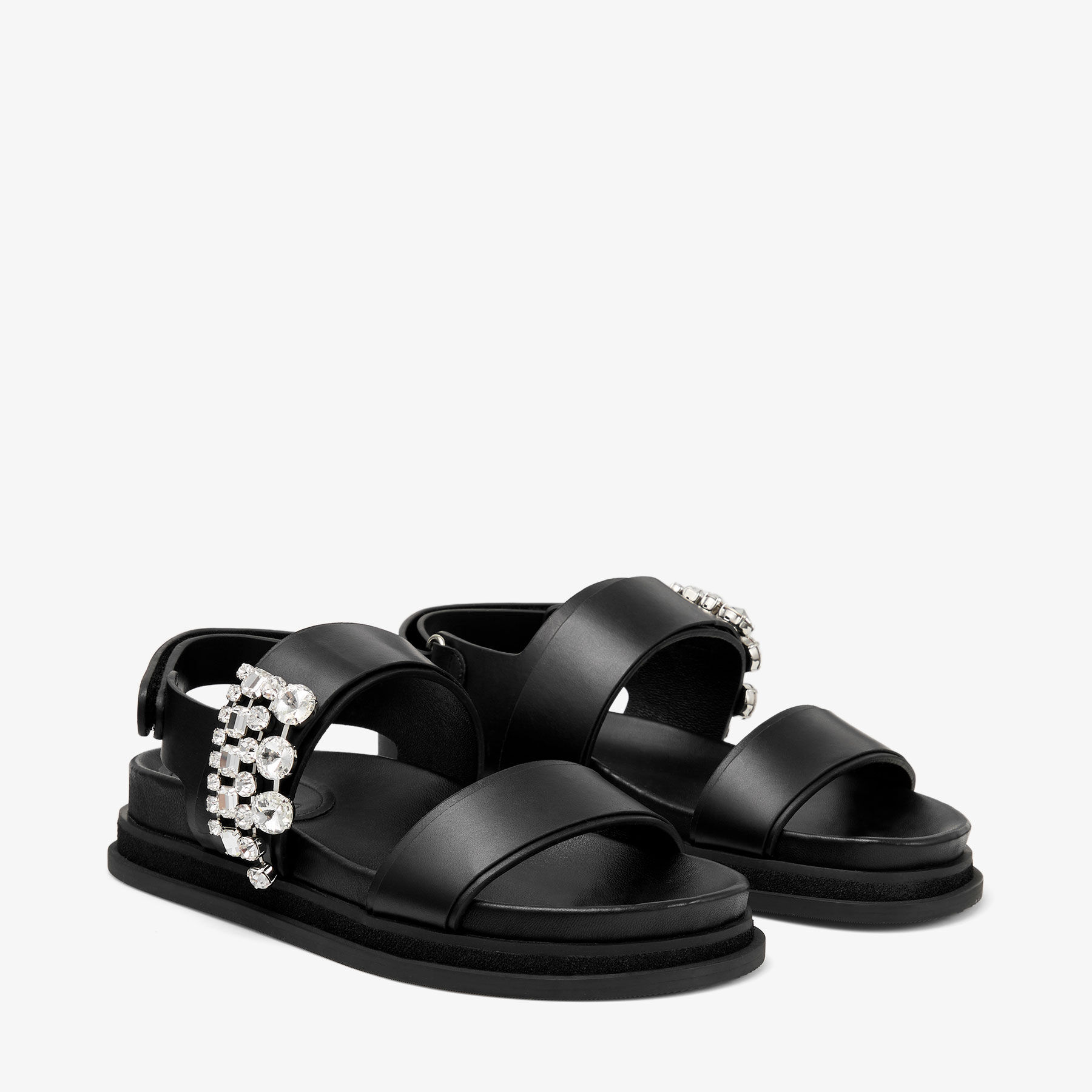 Verity Sandal Flat Black Leather Crystal Flat Sandals