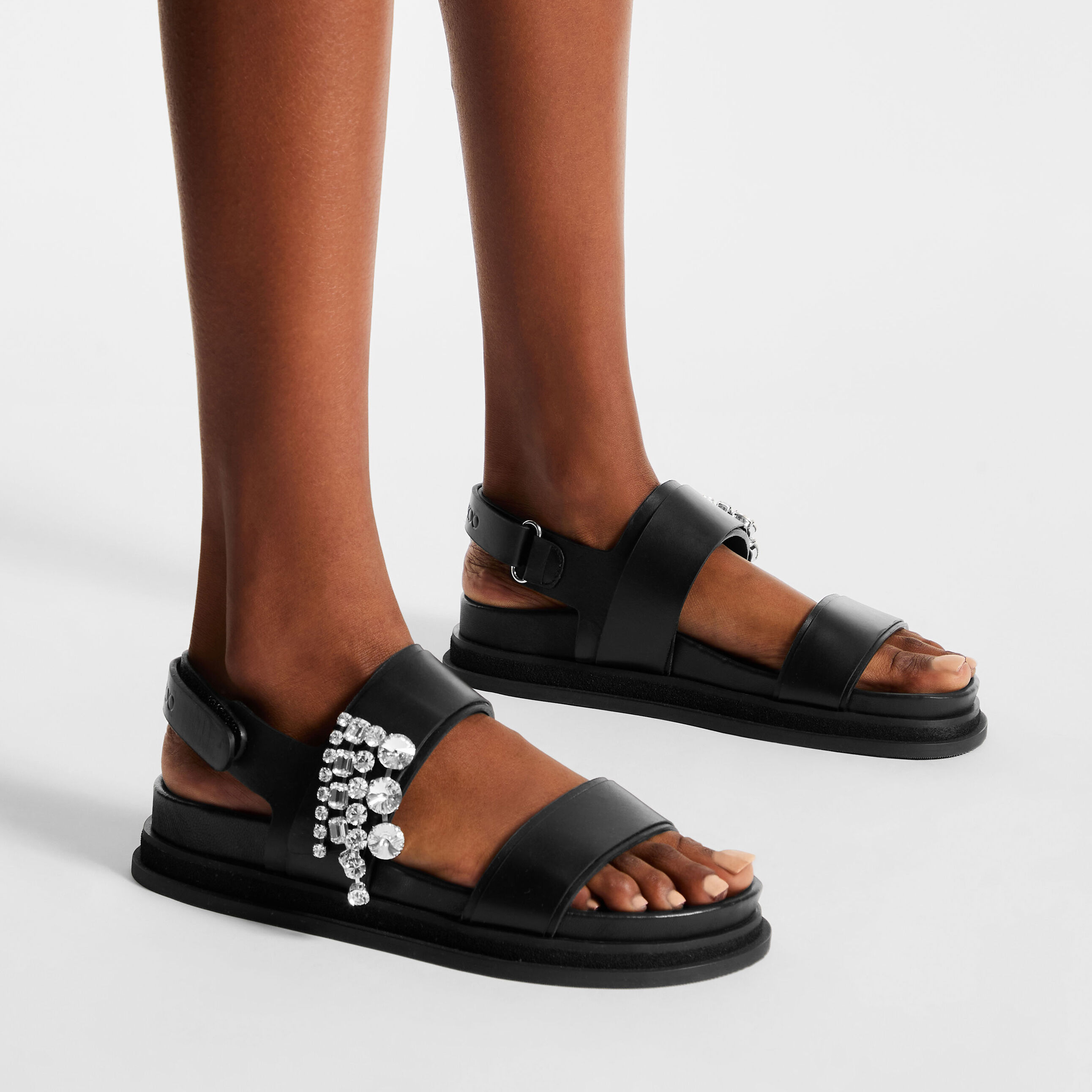 Verity Sandal Flat Black Leather Crystal Flat Sandals