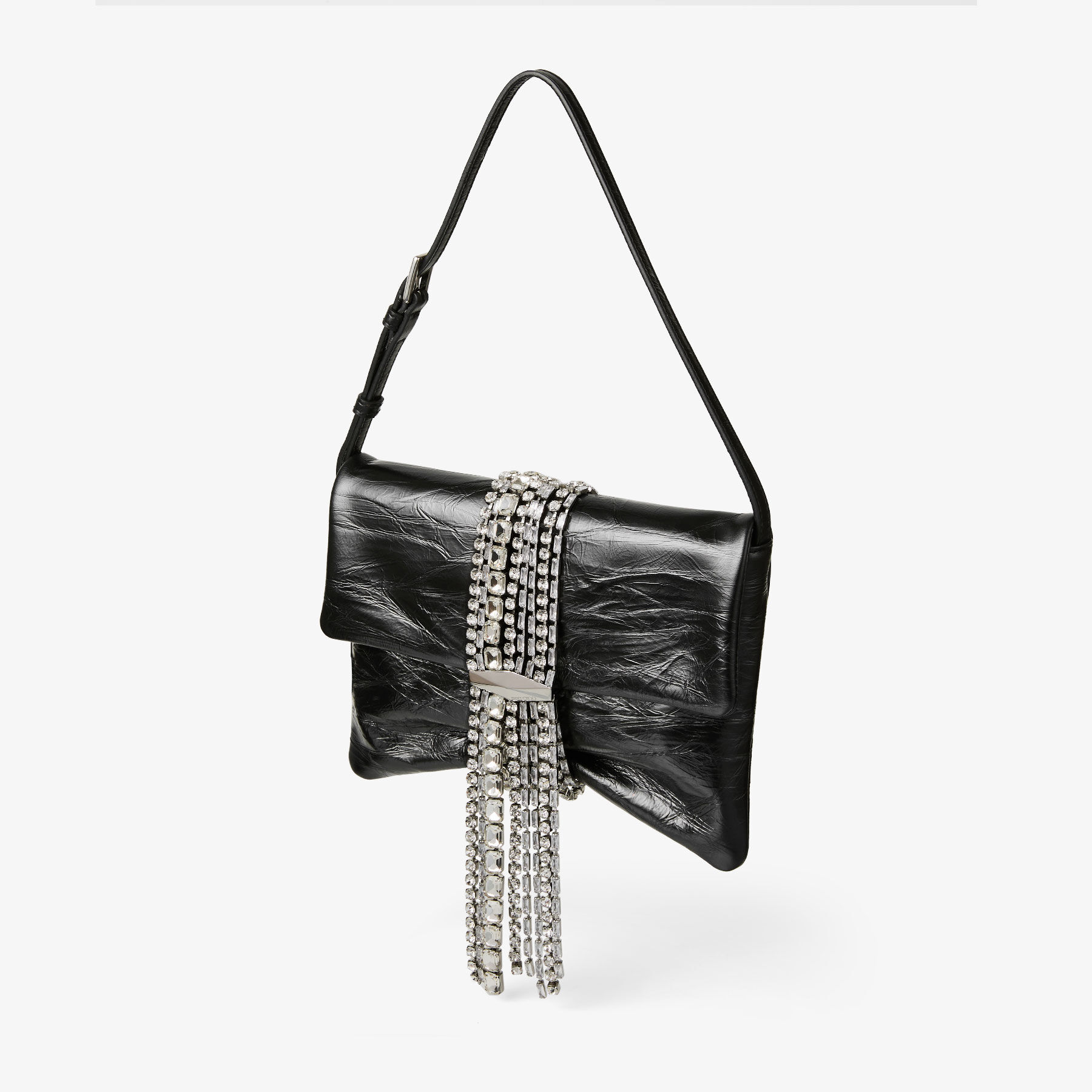 Zandra Shoulder Black Metallic Leather Shoulder Bag with Crystal Embellishments