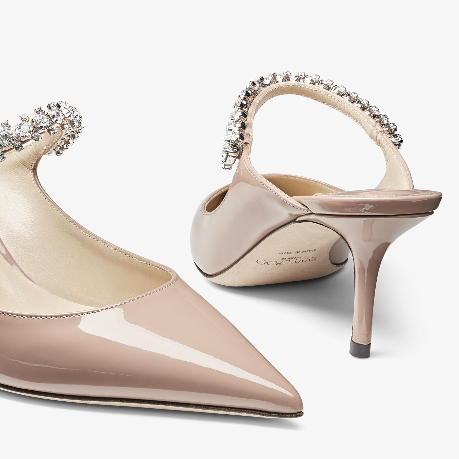 Bing 65 Ballet Pink Patent Leather Mules with Crystal Strap