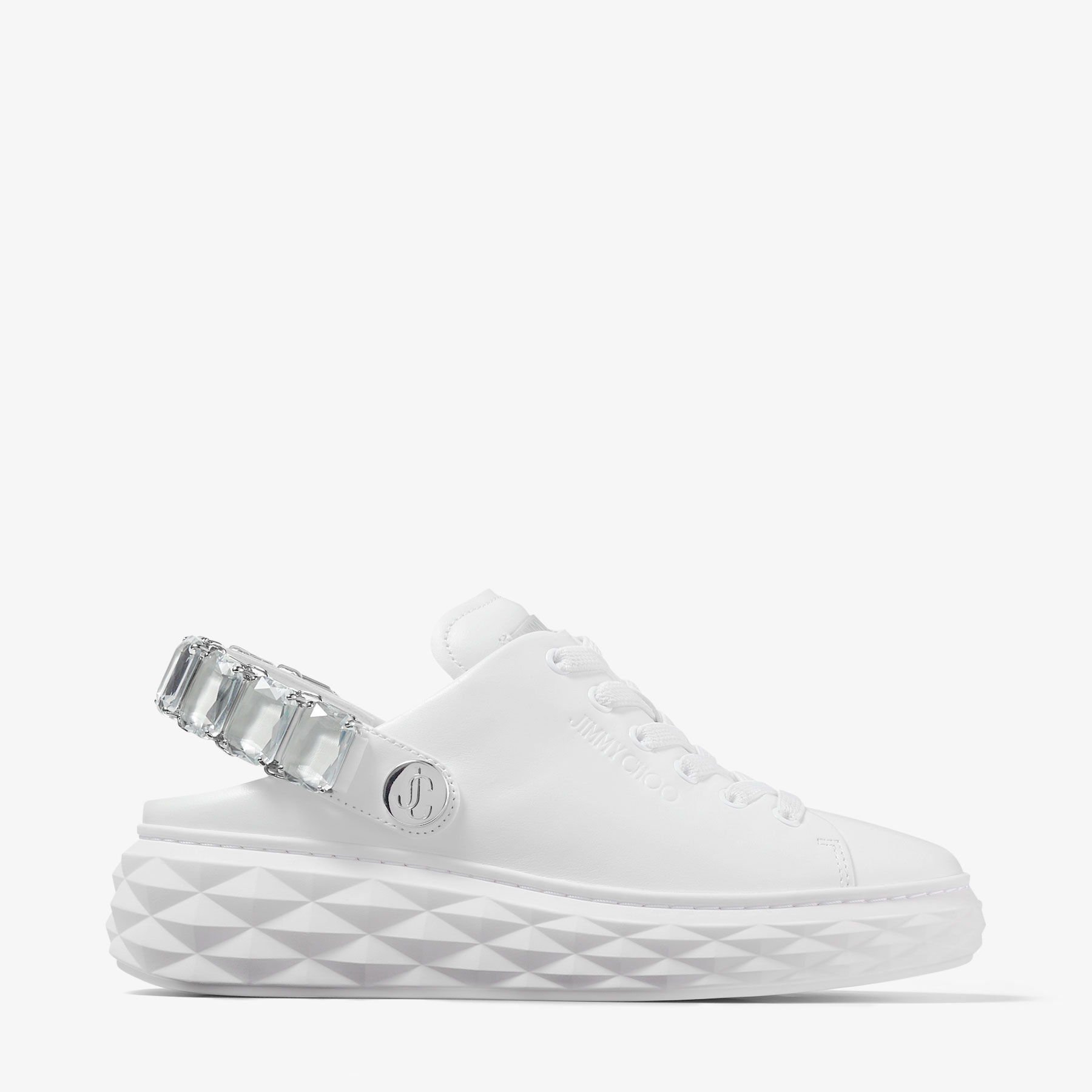 Diamond Sling White Nappa Leather Slipper Trainers with Crystal Strap