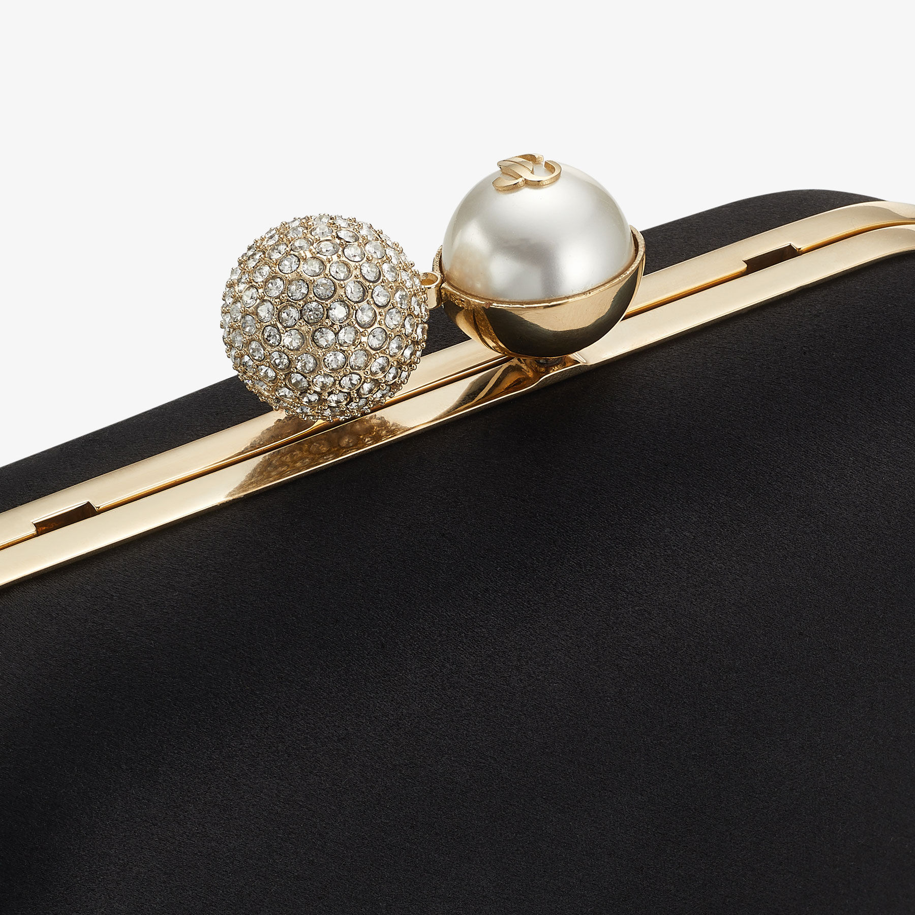 Cloud Black Satin Clutch Bag with Pearl and Crystal Clasp