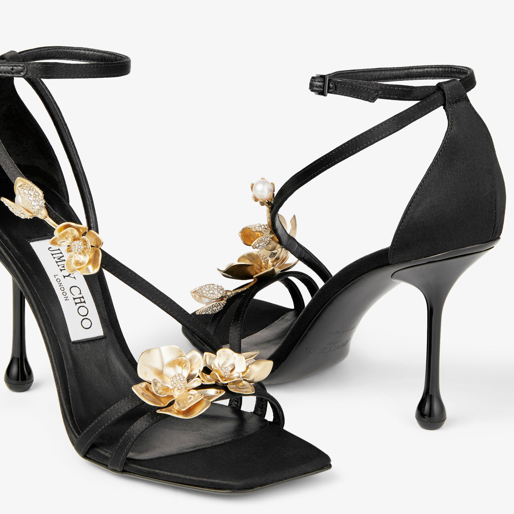 Zea 95 Black Satin Sandals with Metal Flowers