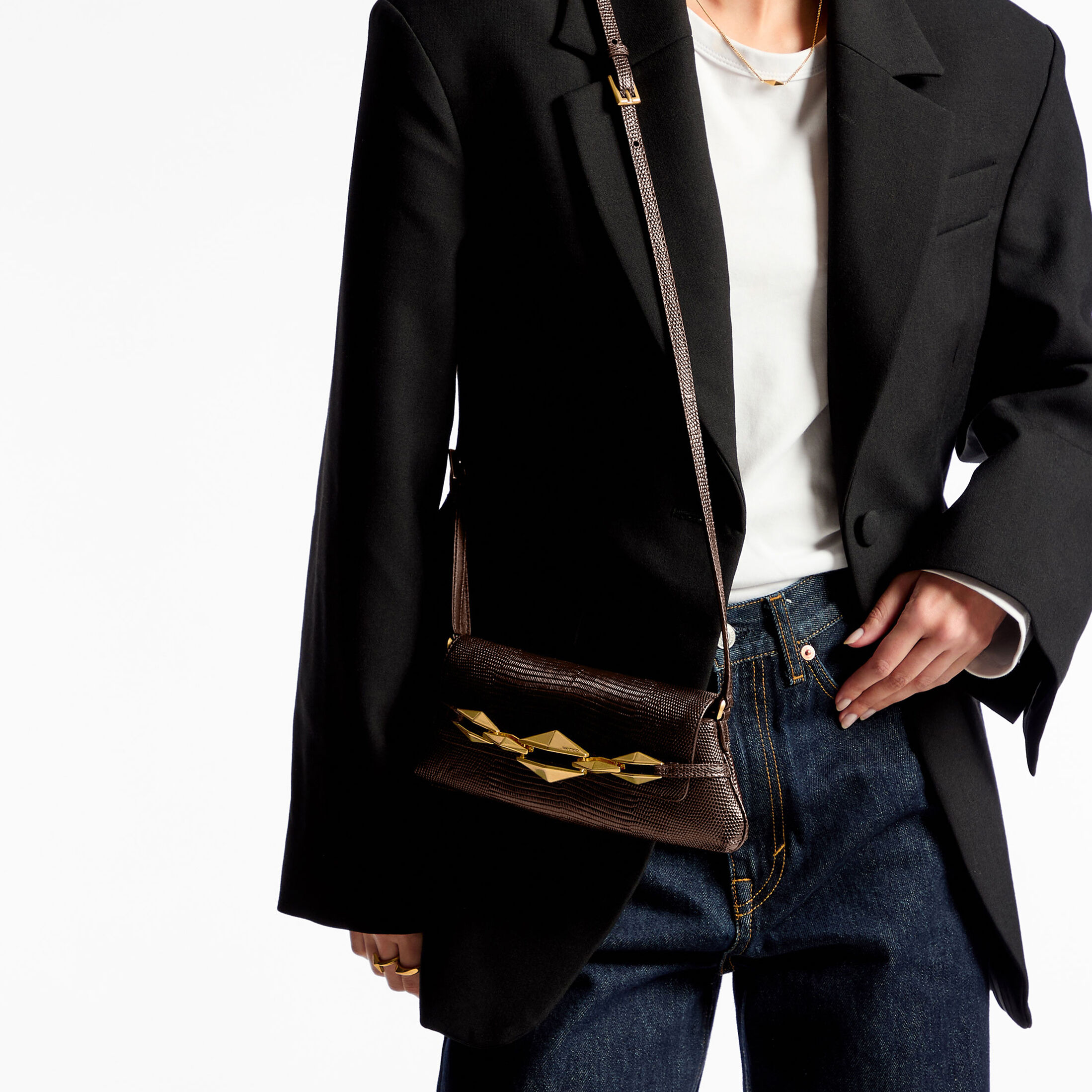 Diamond Shoulder East-West S Coffee Lizard Printed Leather Shoulder Bag