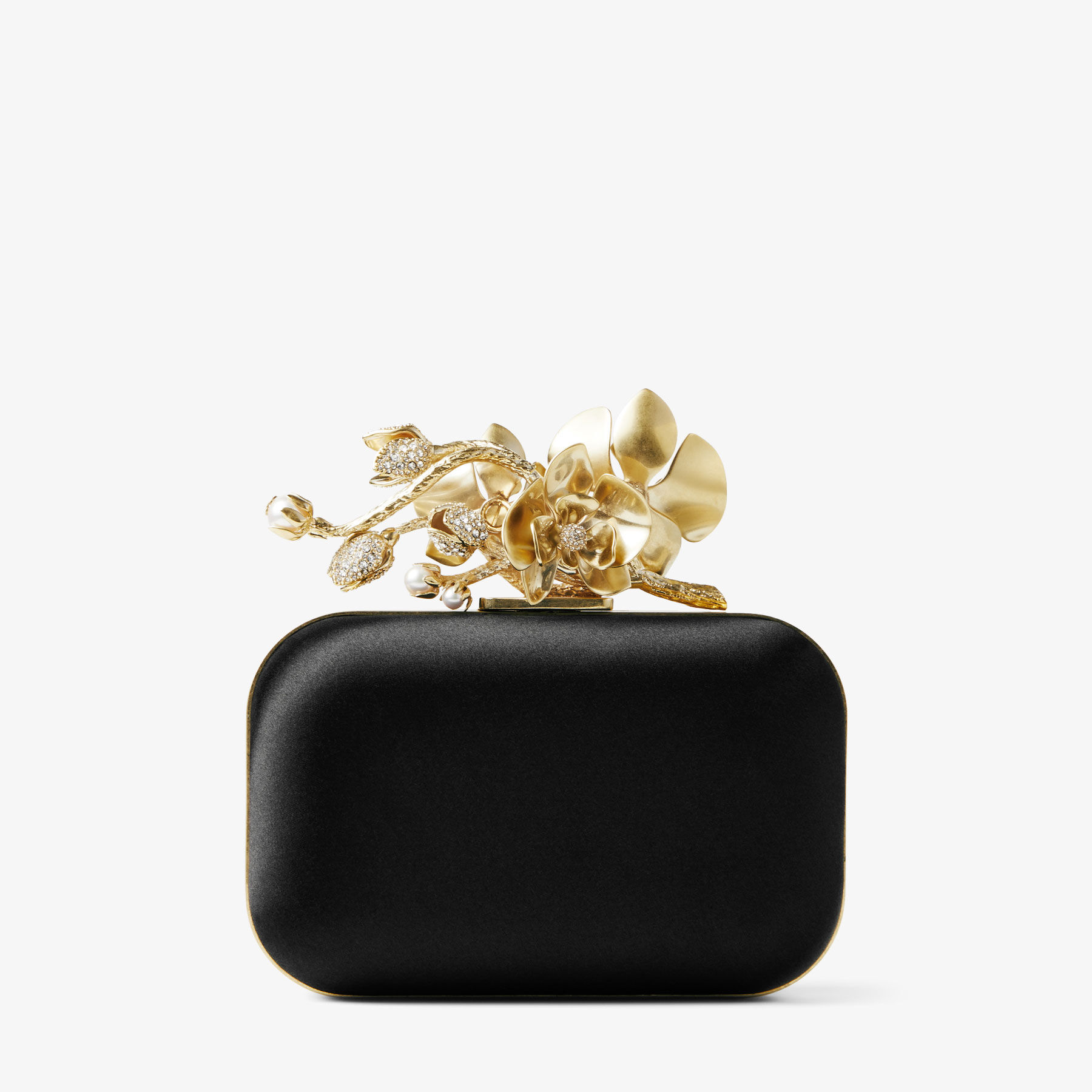 Cloud Black Satin Clutch Bag with Flower Clasp