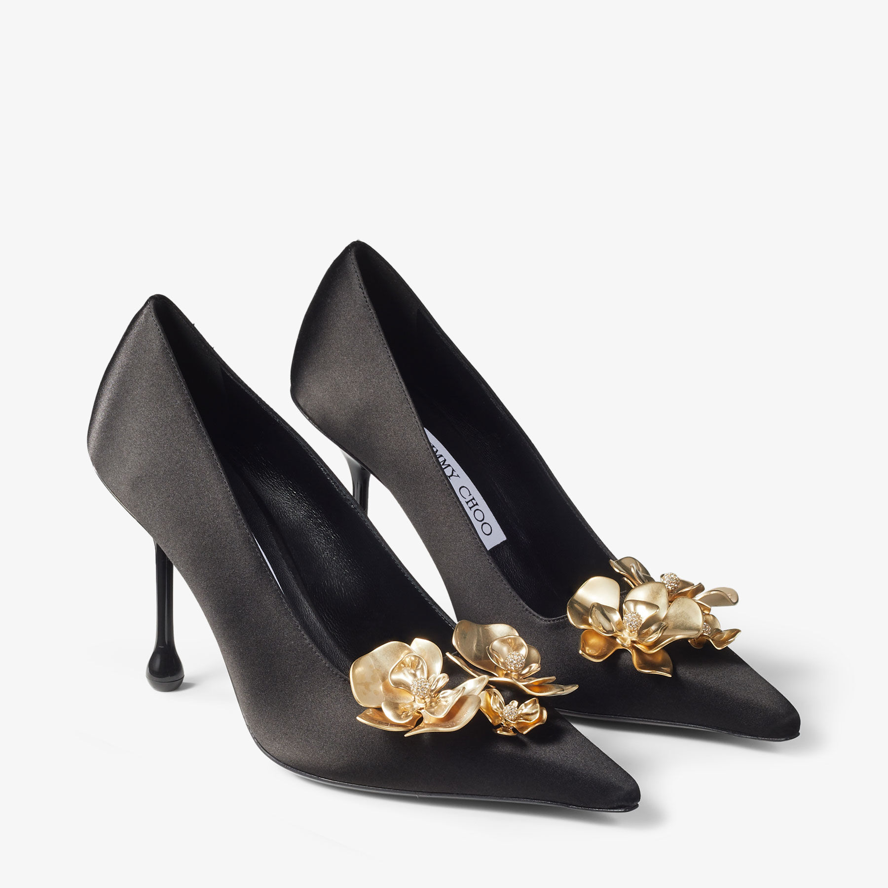 Ixia 95 Black Satin Pumps with Flowers