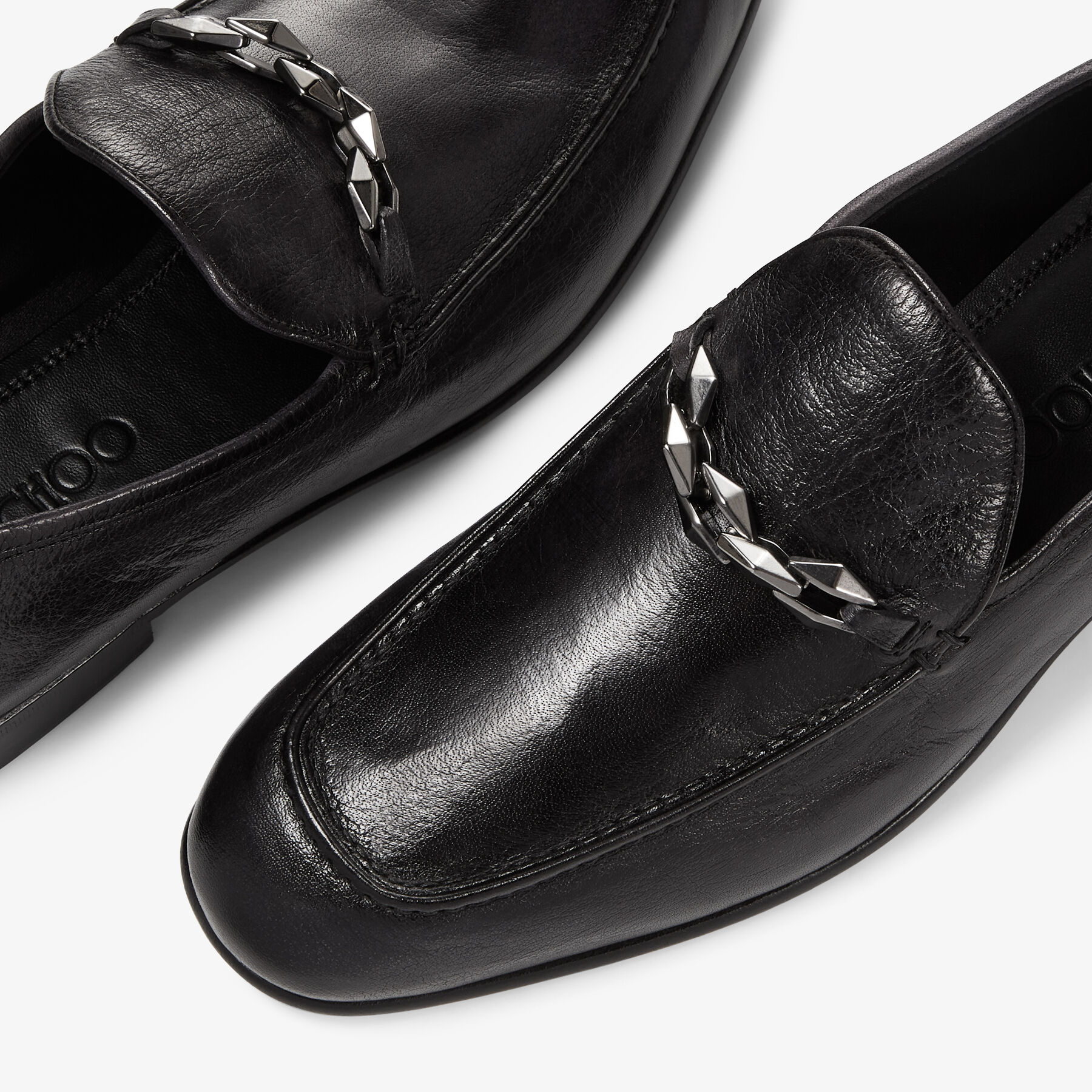 Marti Reverse Black Buffalo Leather Loafers with Chain Embellishment