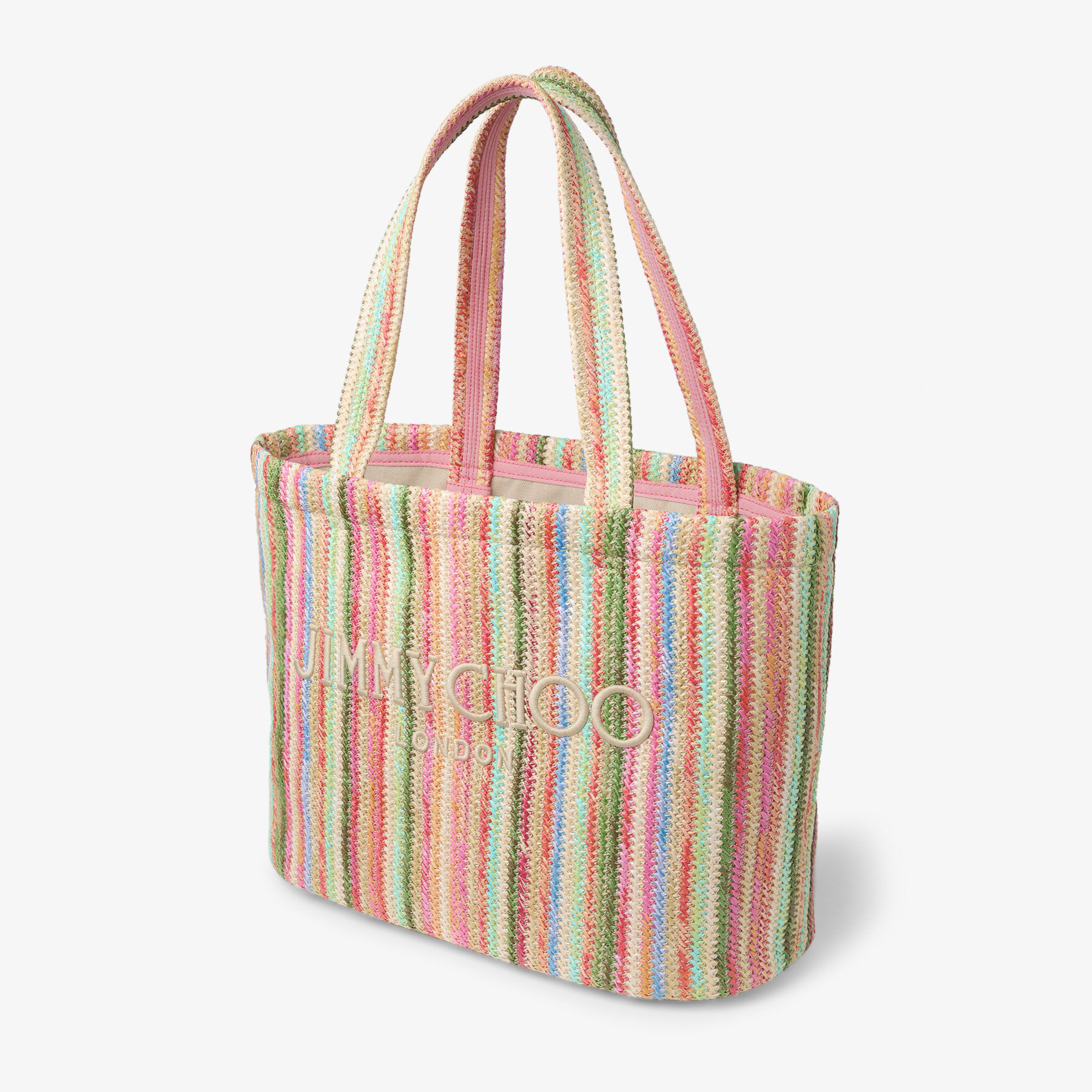 Beach Tote East-West Ecru Striped Raffia Embroidered Tote Bag