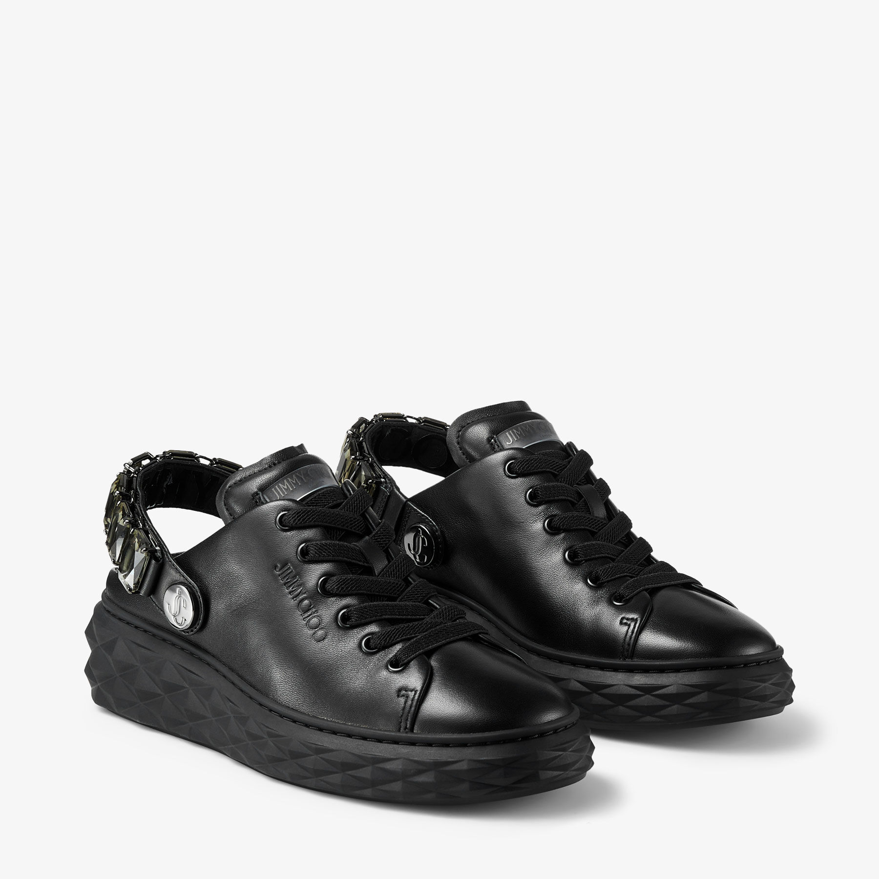 Diamond Sling Black Nappa Leather Slipper Trainers with Crystal Strap