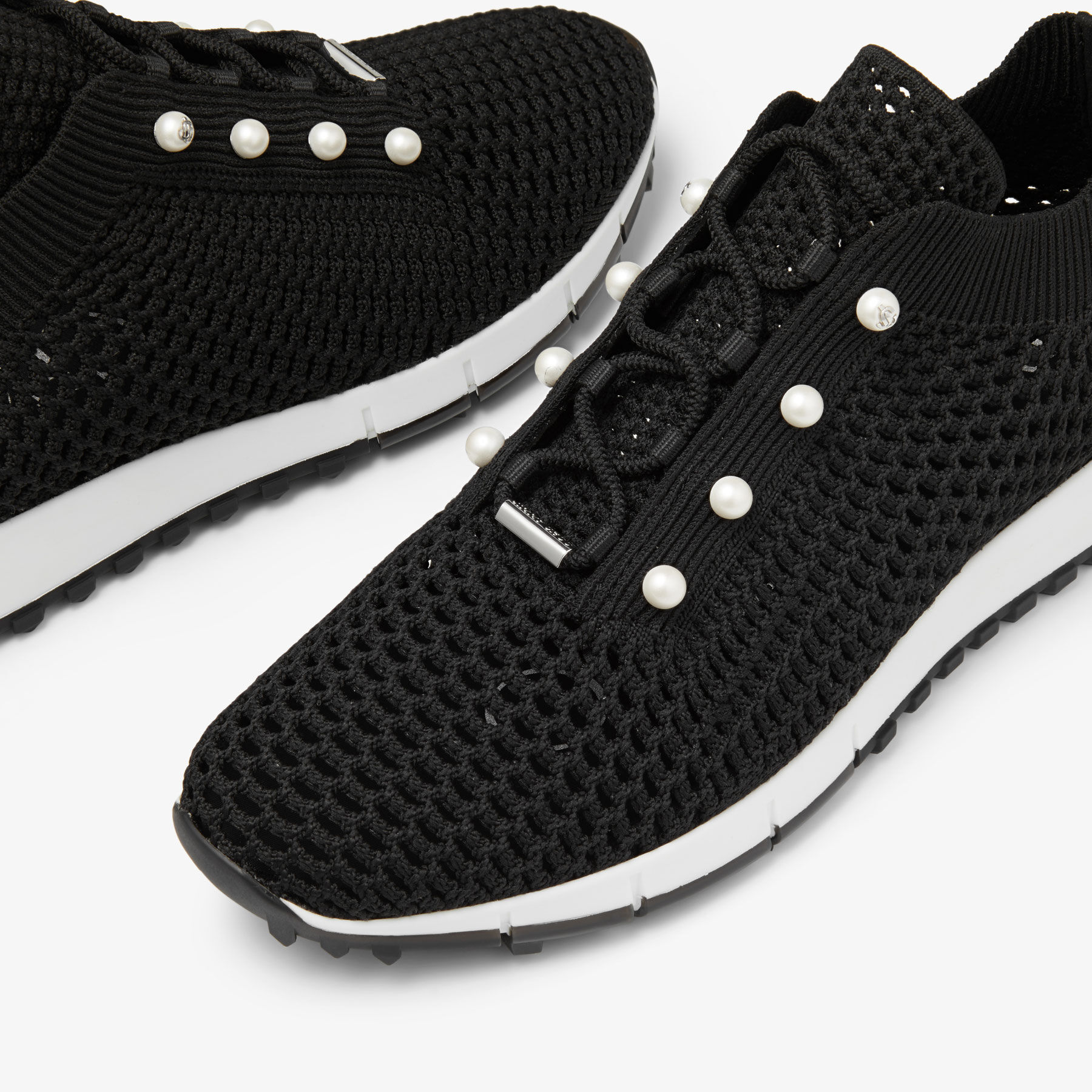 Veles Black Crochet Knit Low-Top Trainers with Pearls
