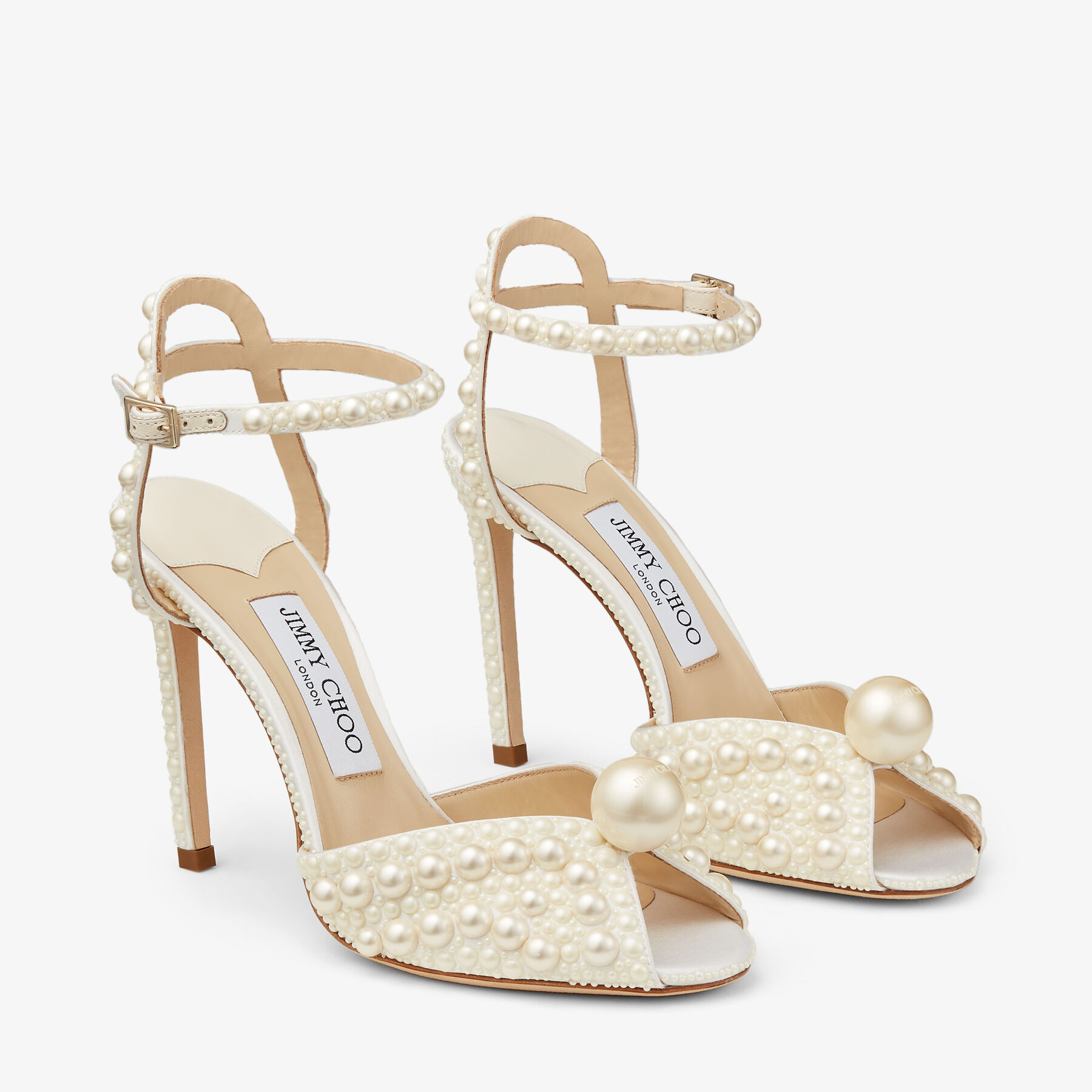 Sacora 100 White Satin Sandals with All Over Pearls