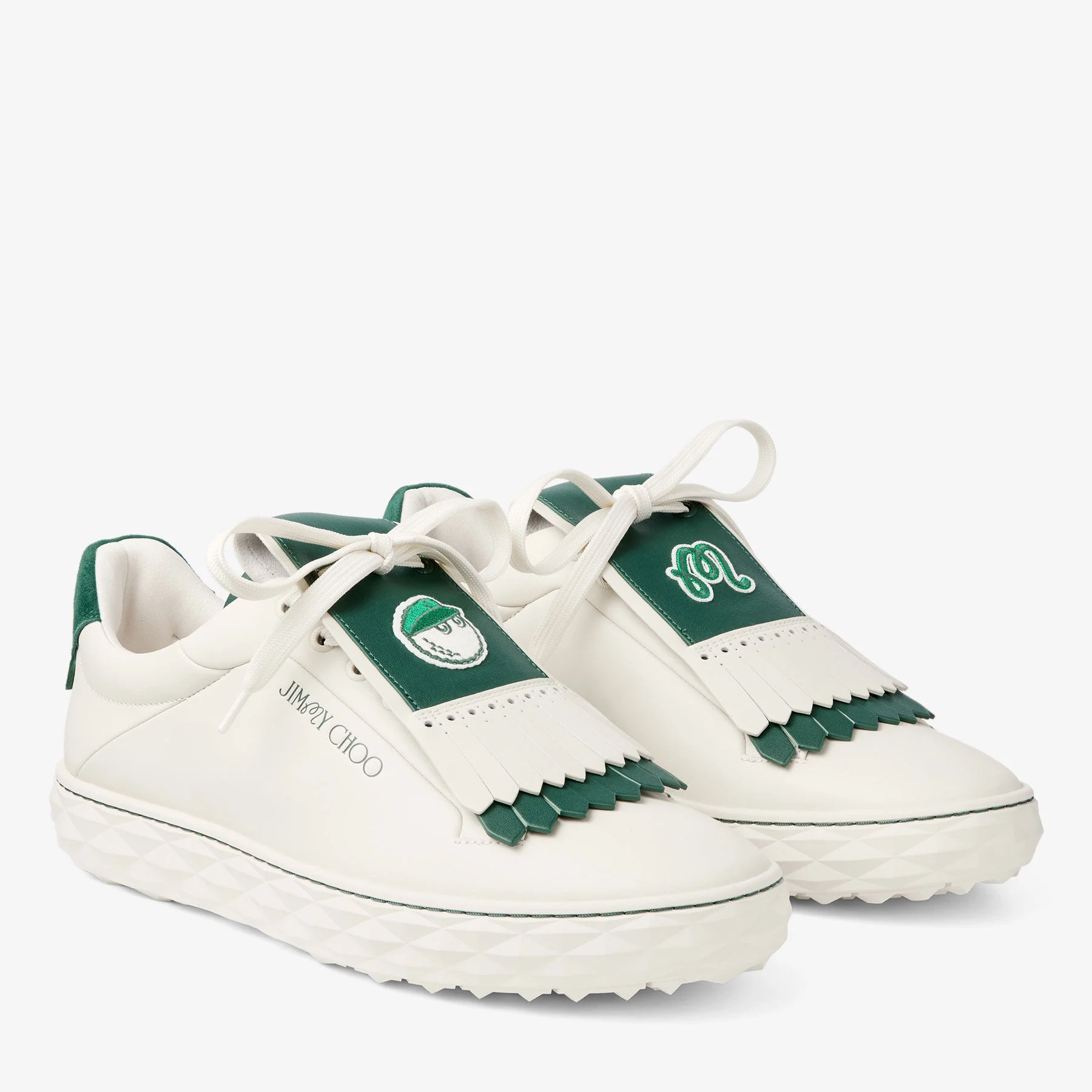 Jimmy Choo / Malbon 2.0 Diamond M Latte Leather and Malbon Green Trainers with Detachable Kiltie