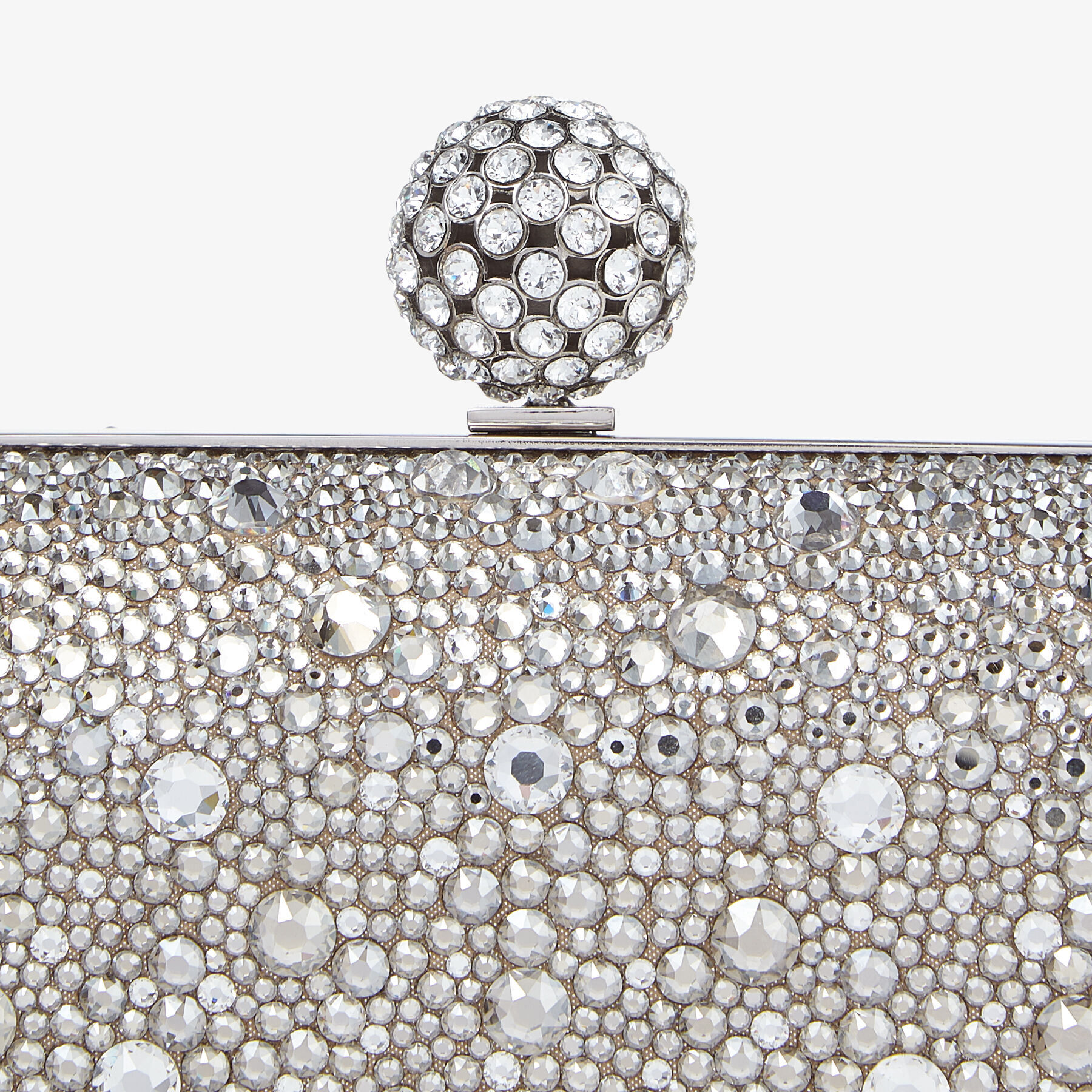 Cloud Nude Shimmer Suede Clutch Bag with Hotfix and Crystal-Encrusted Sphere Clasp