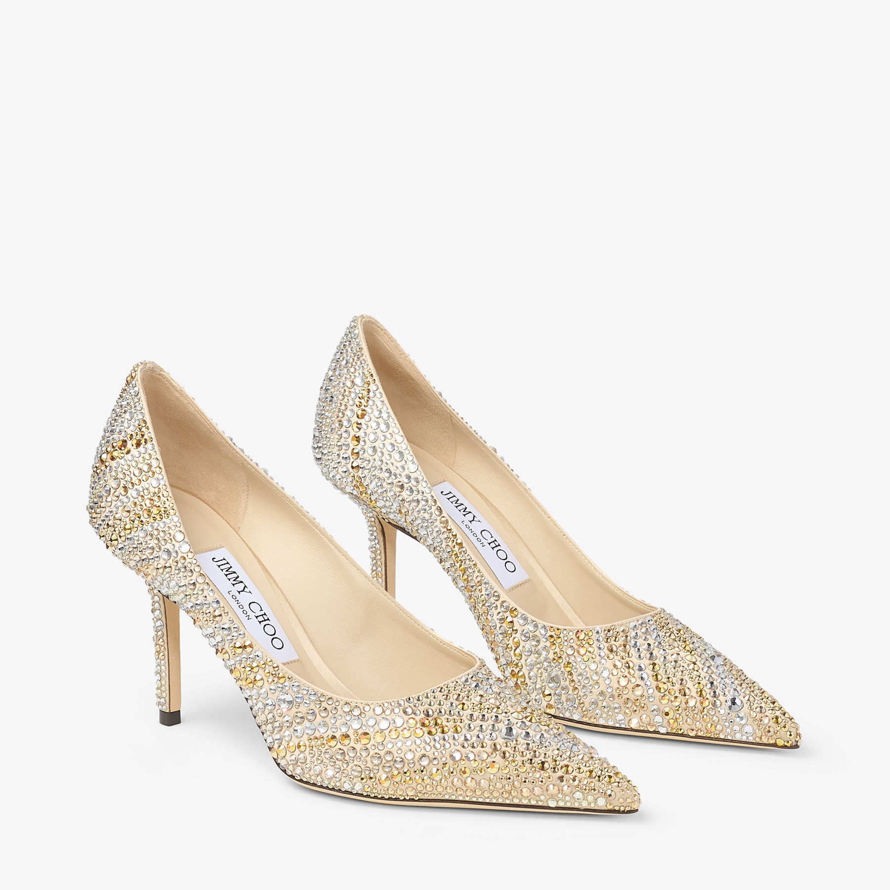 Love 85 Gold Satin Crystal Pumps
