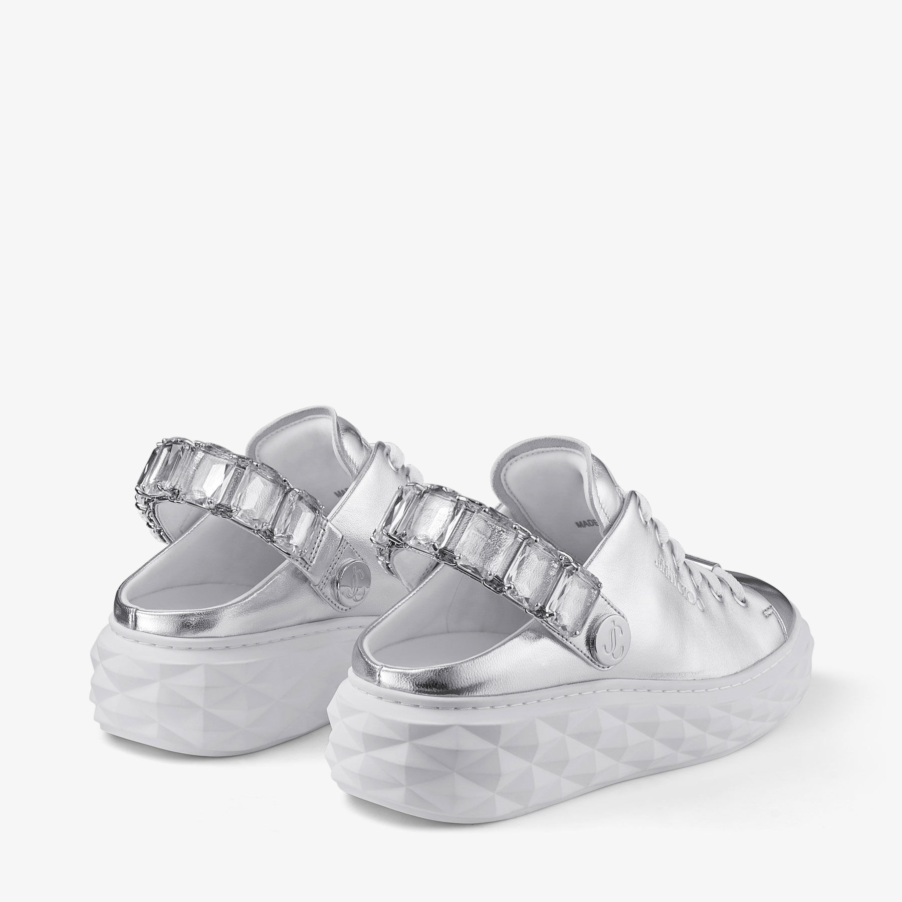 Diamond Sling Silver Metallic Leather Slipper Trainers with Crystal Strap