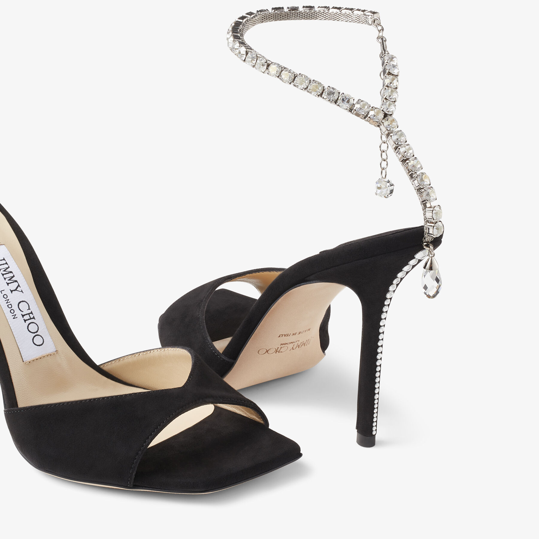 Saeda Sandal 100 Black Suede Sandals with Crystal Embellishment
