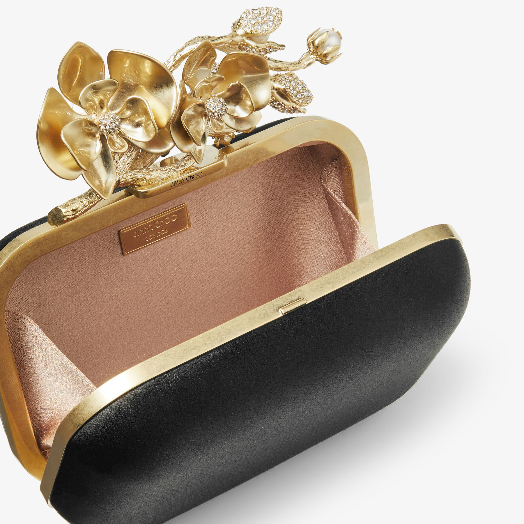 Cloud Black Satin Clutch Bag with Flower Clasp