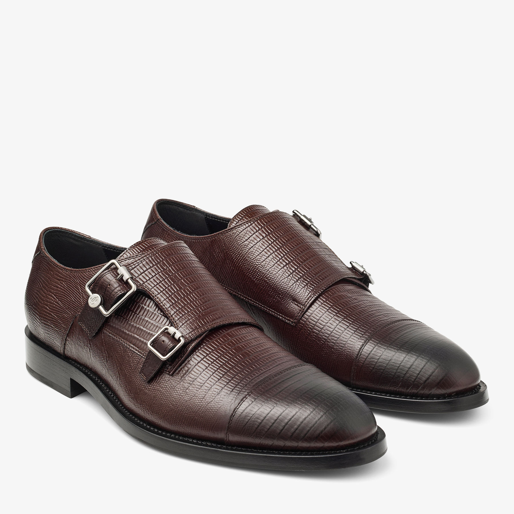 Finnion Monkstrap Coffee Lizard Printed Leather Shoes
