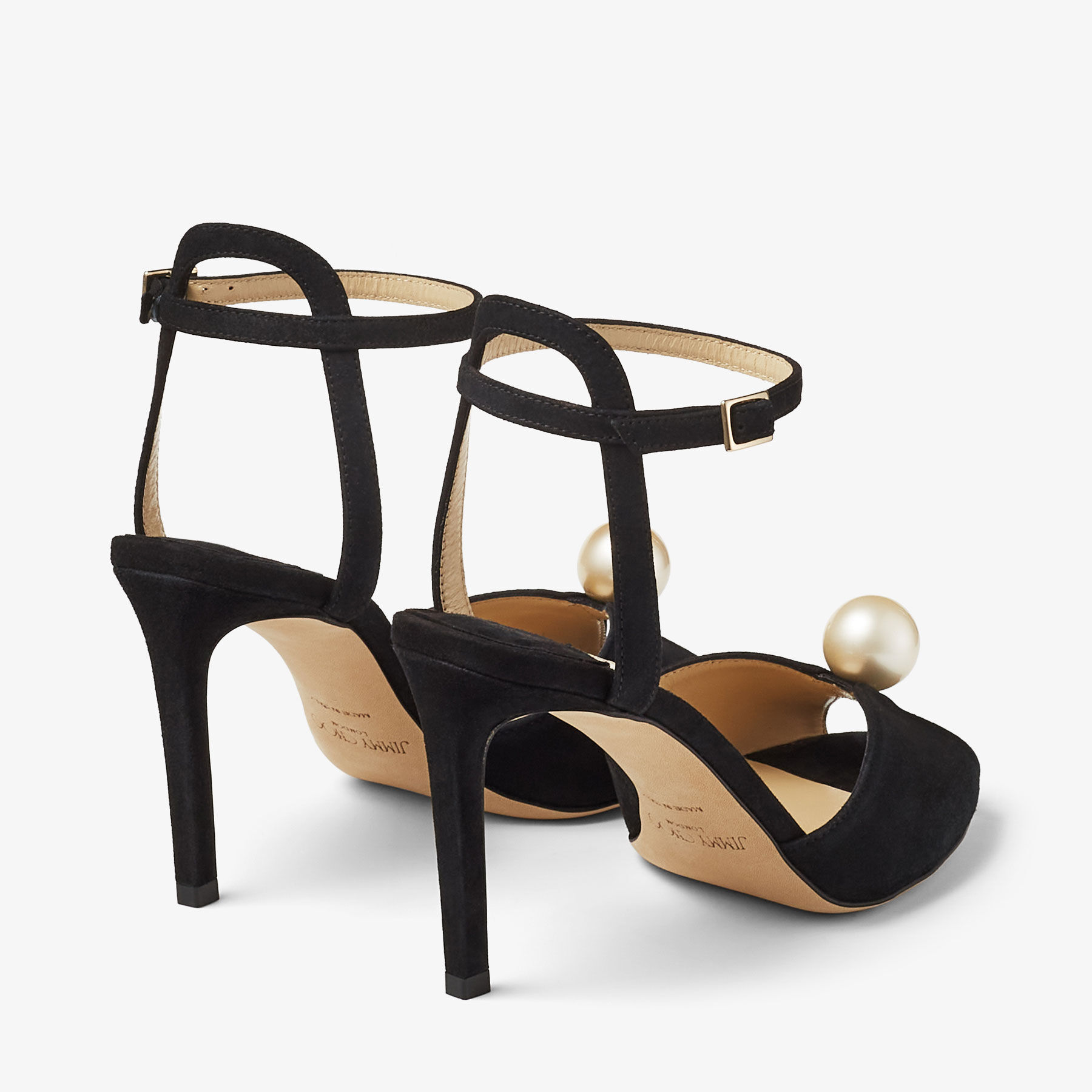 Sacora 85 Black Suede Sandals with Pearl Embellishment