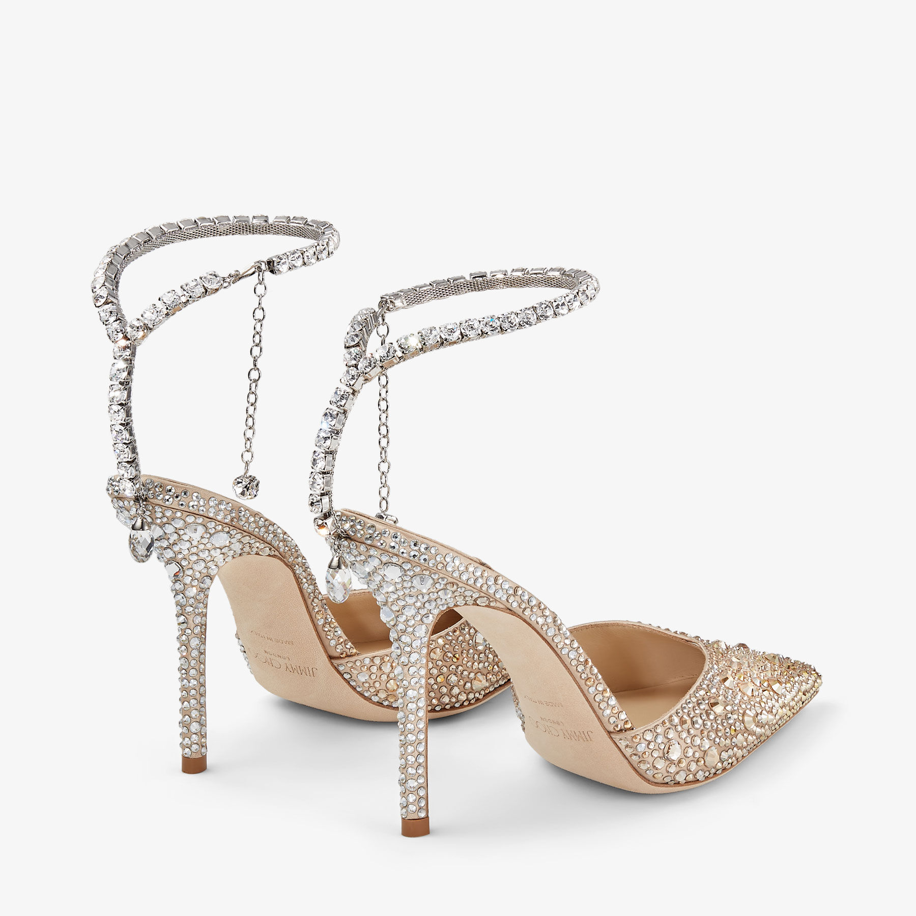 Saeda 100 Gold Satin Pumps with Crystals