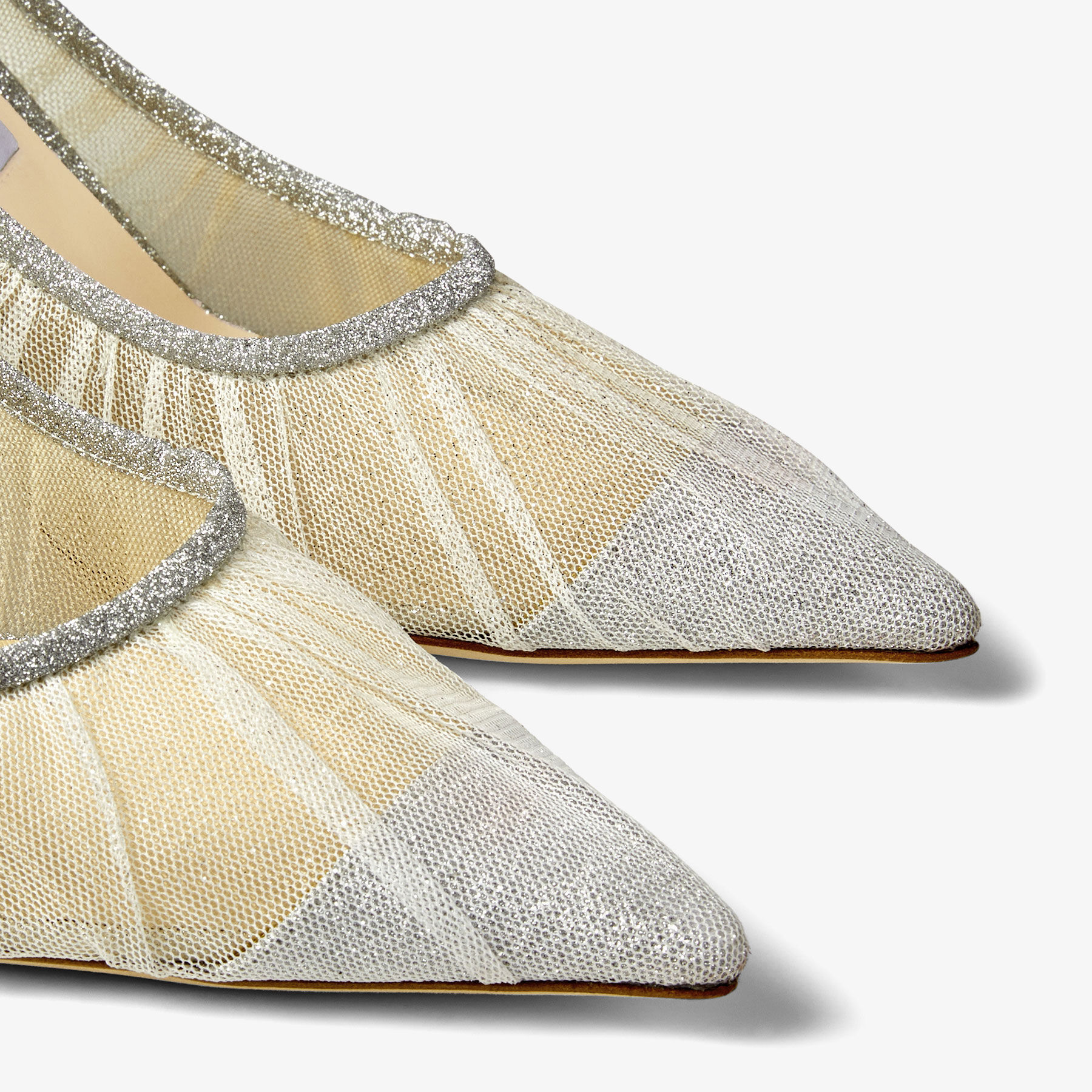 Love 85 Metallic Silver Glitter Fabric Pumps with Ivory Tulle Overlay