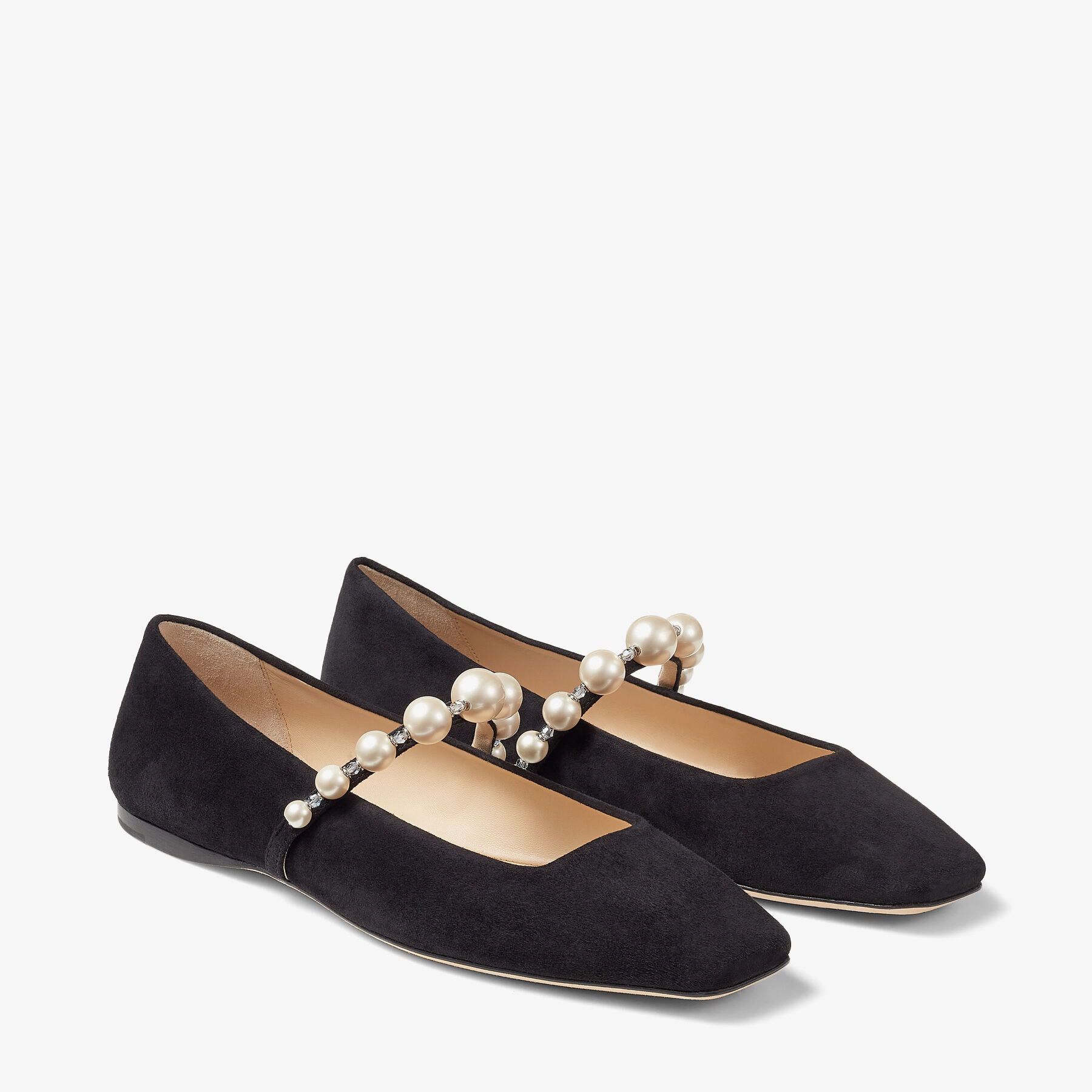 Ade Flat Black Suede Flats with Pearl Embellishment