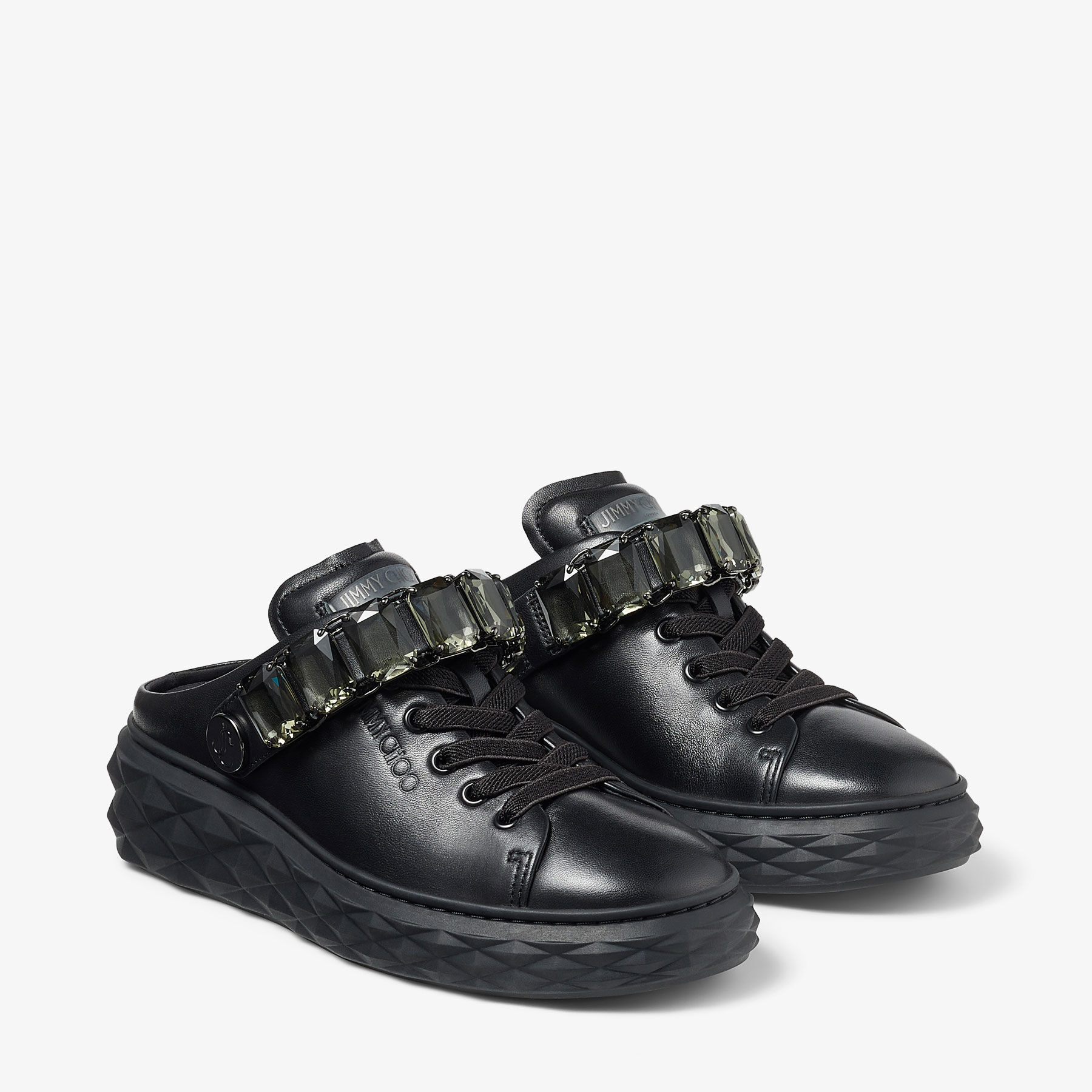 Diamond Sling Black Nappa Leather Slipper Trainers with Crystal Strap