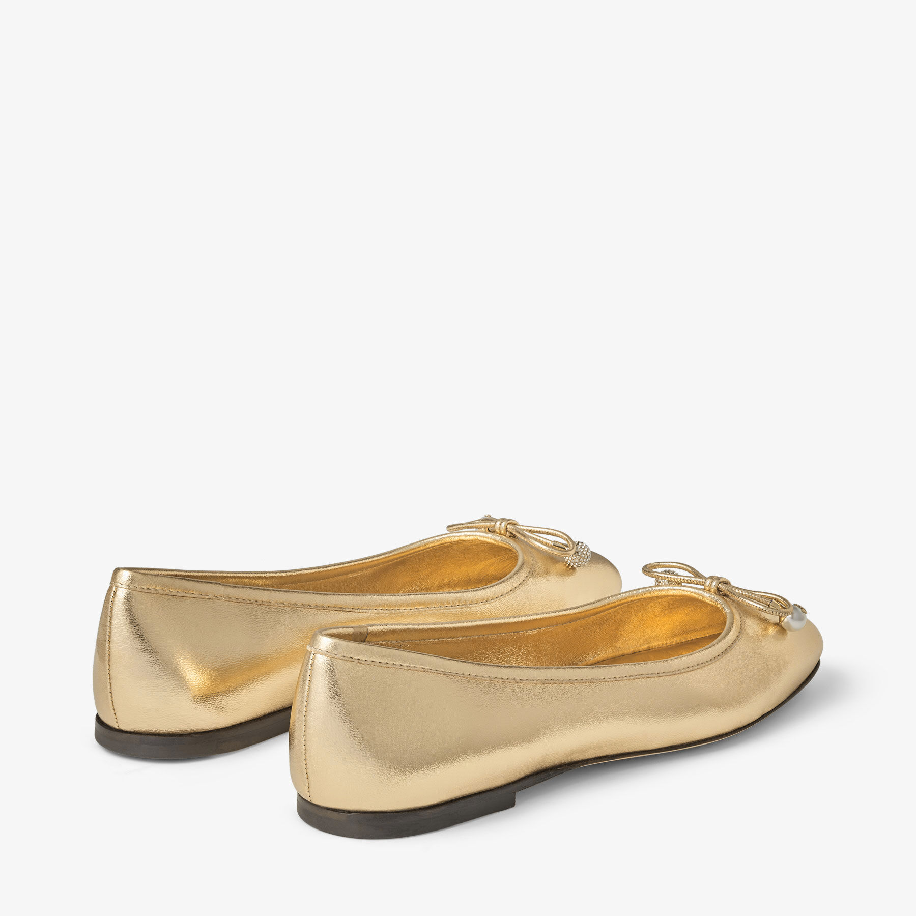 Elme Flat Gold Metallic Nappa Leather Flats with Pearl Embellishment