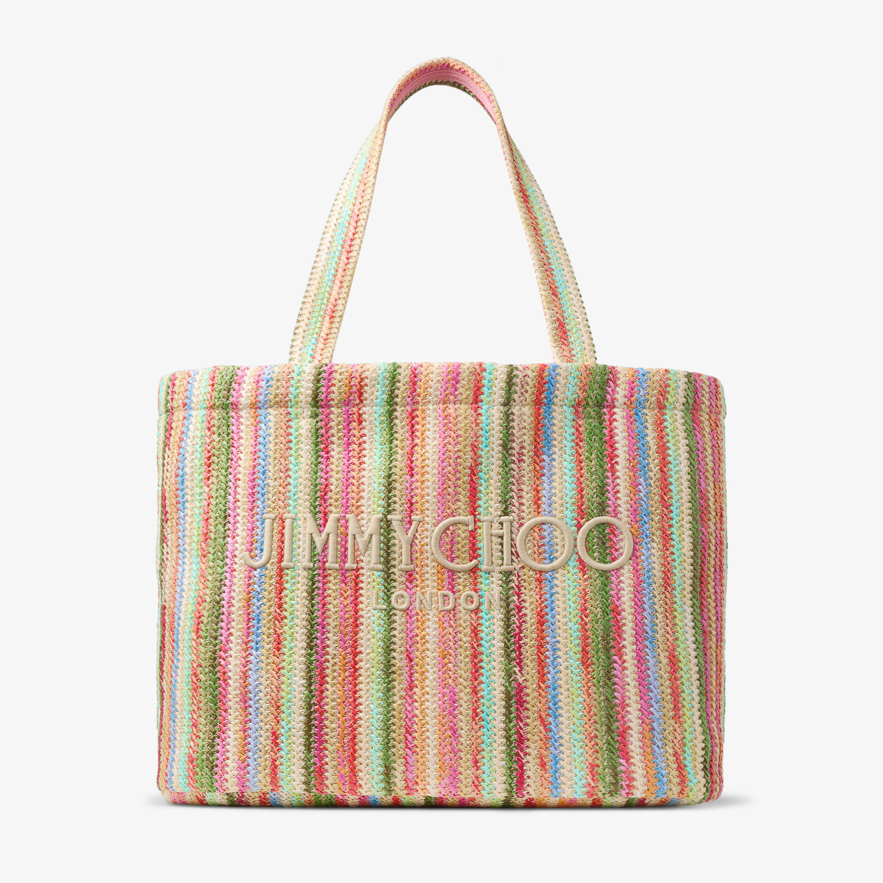 Beach Tote East-West Ecru Striped Raffia Embroidered Tote Bag
