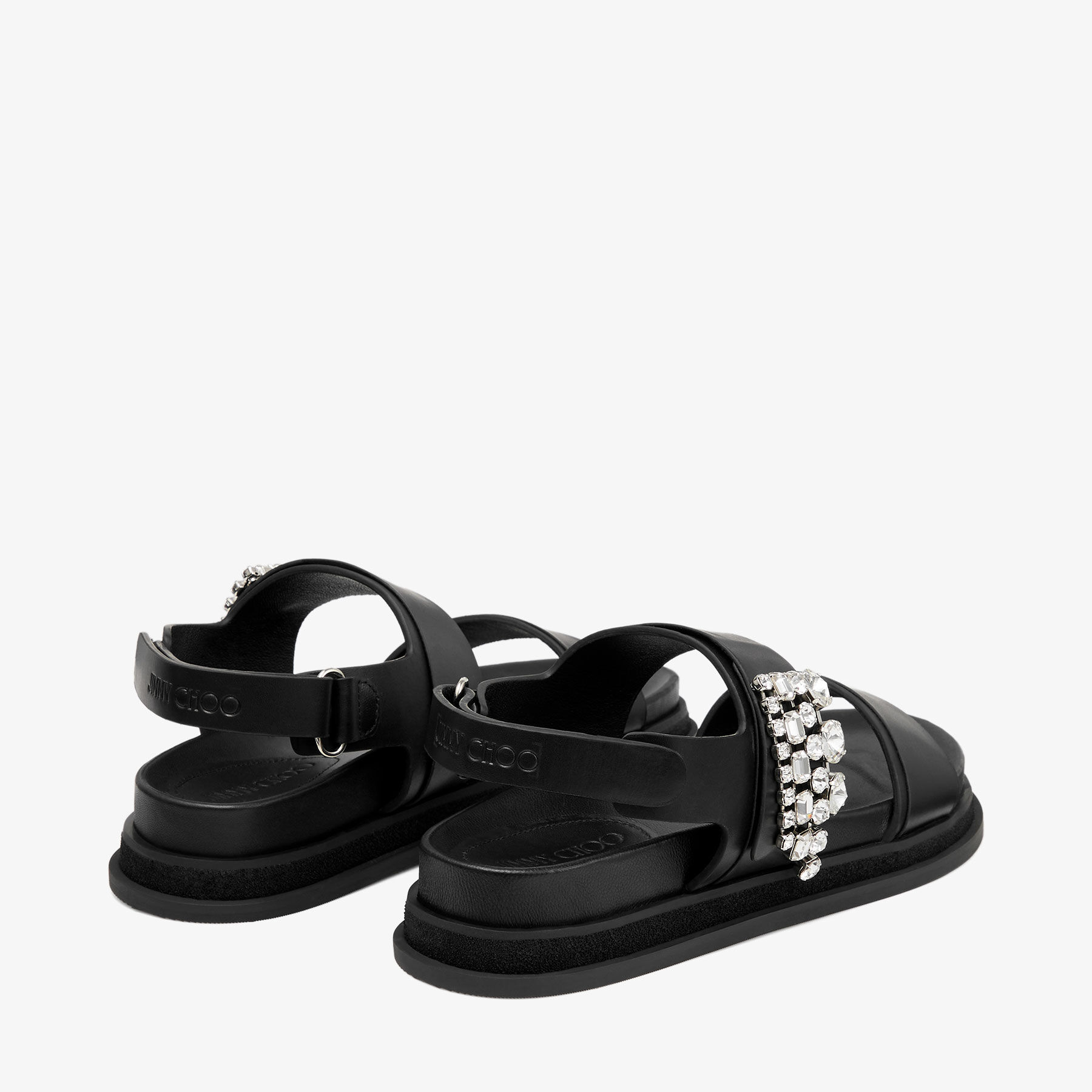 Verity Sandal Flat Black Leather Crystal Flat Sandals