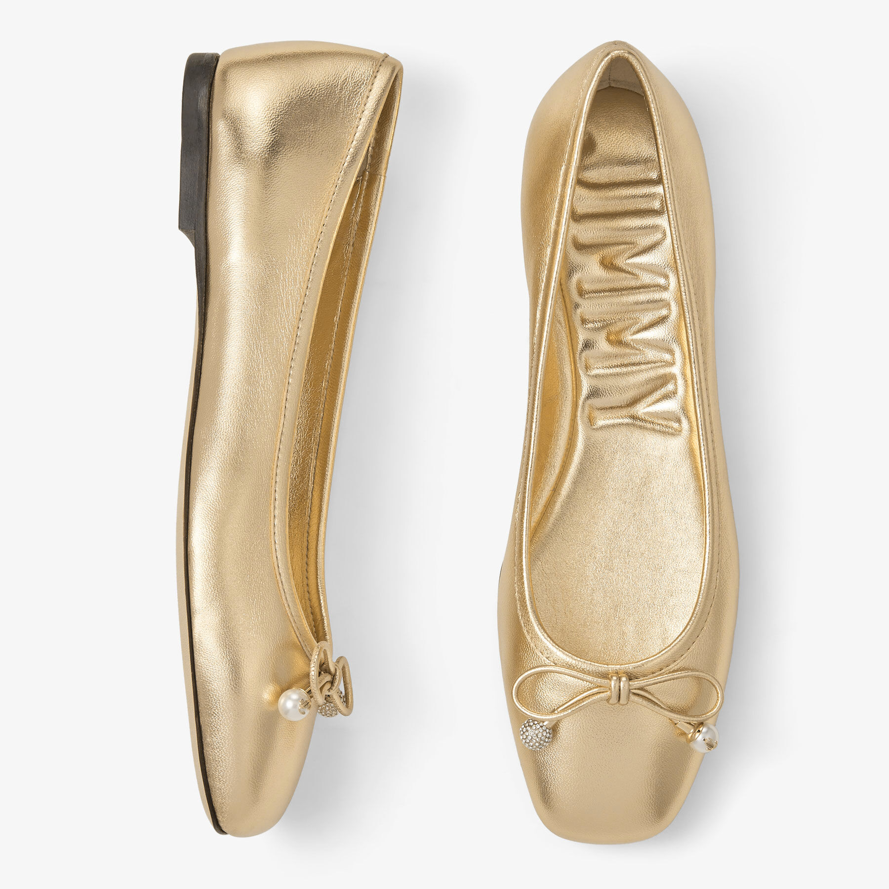 Elme Flat Gold Metallic Nappa Leather Flats with Pearl Embellishment