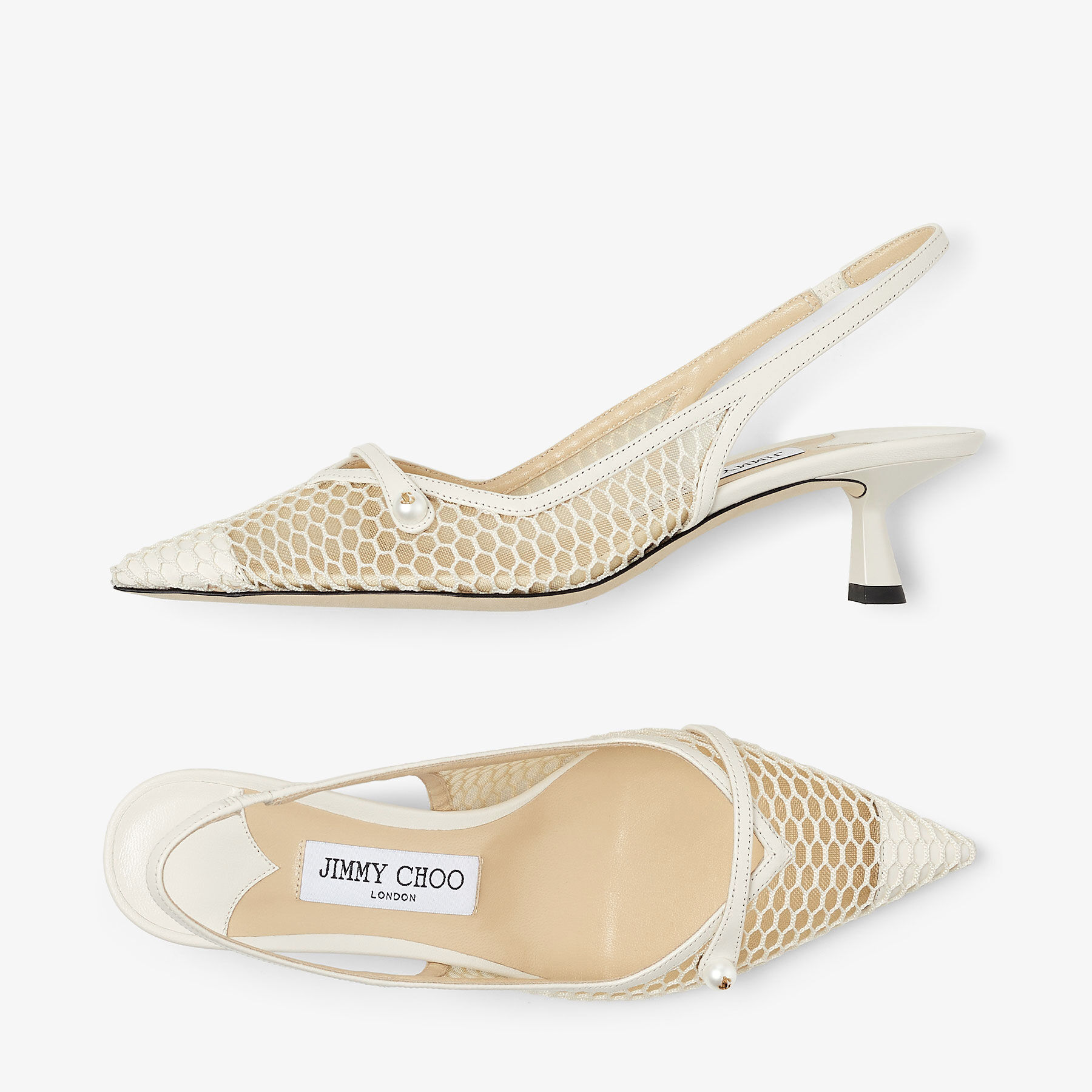 Amita 45 White Fishnet Mesh and Latte Nappa Slingback Pumps