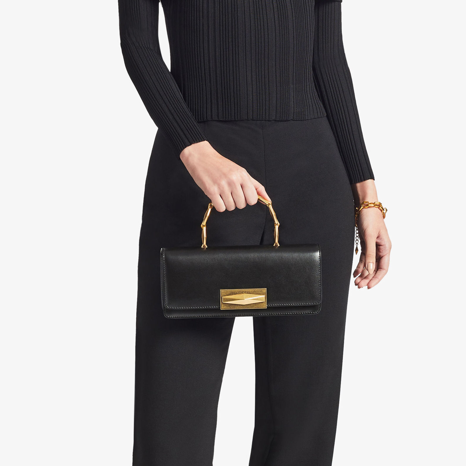 Diamond Chain Top Handle Black Calf Leather Top Handle Bag