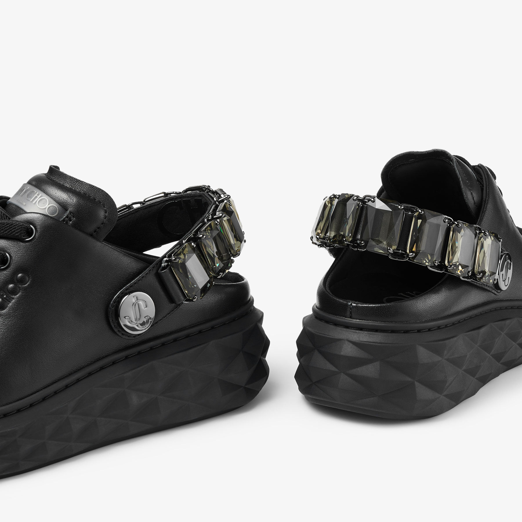Diamond Sling Black Nappa Leather Slipper Trainers with Crystal Strap