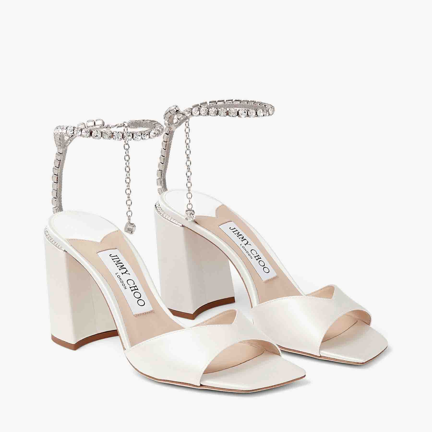 Saeda Sandal Block Heel 85 Ivory Satin Block Heel Sandals with Crystal Chain