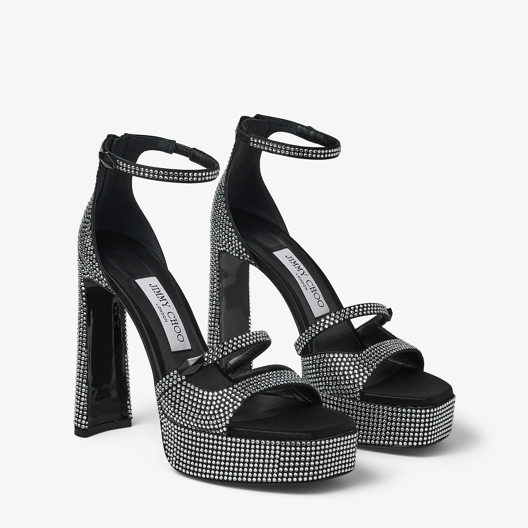 Claressa Platform 125 Black Satin Crystal Platform Sandals