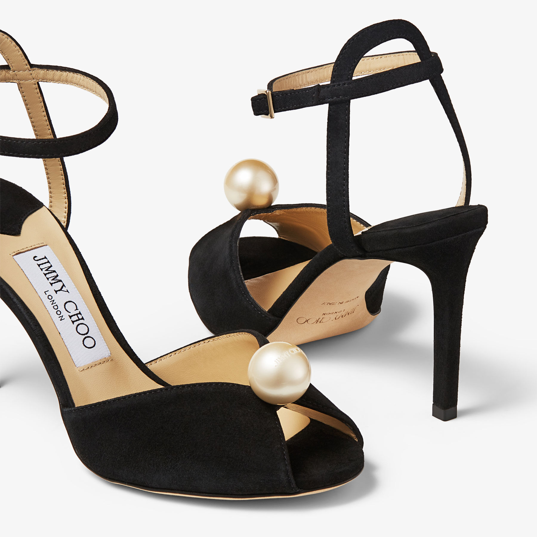 Sacora 85 Black Suede Sandals with Pearl Embellishment
