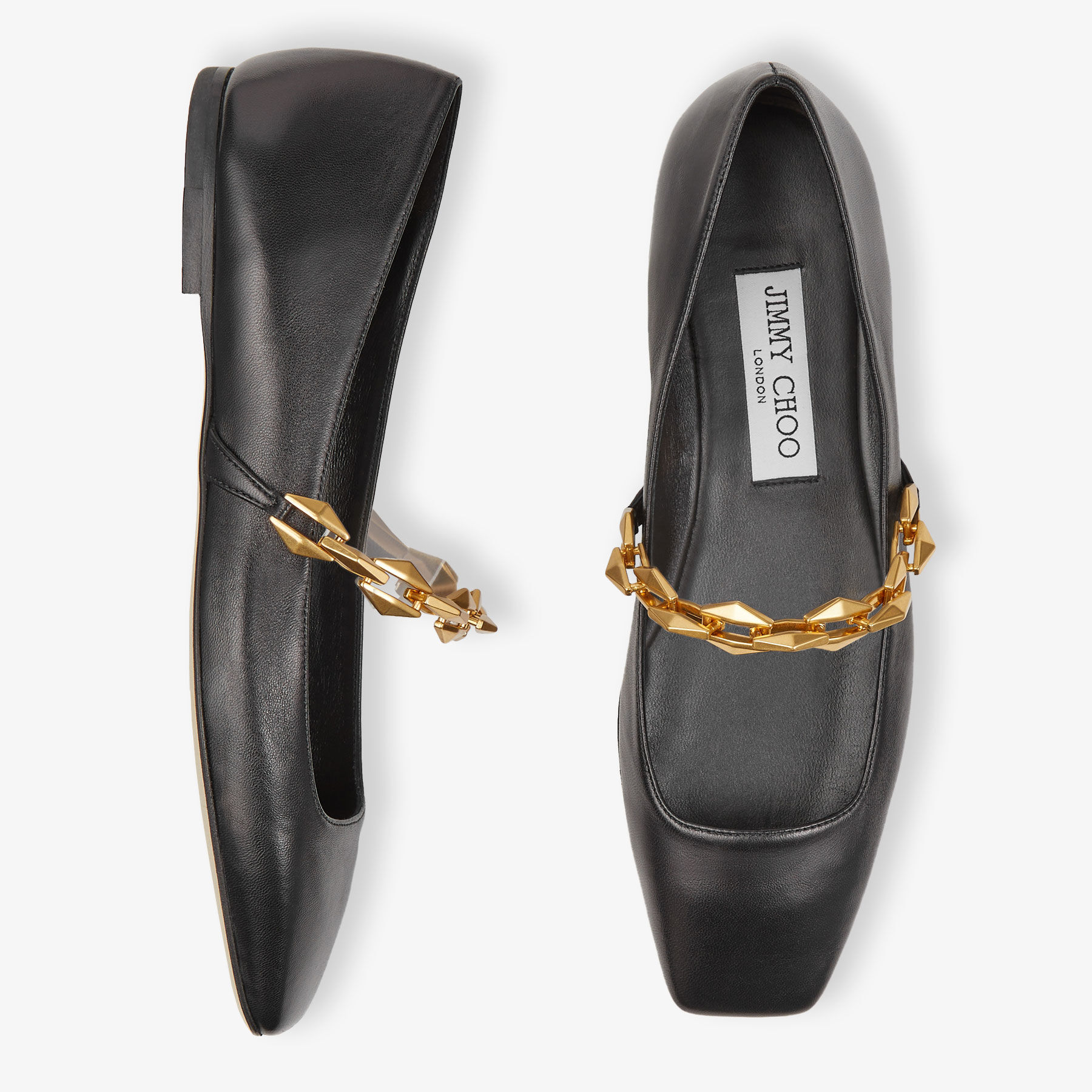 Diamond Tilda Flat Black Nappa Leather Flats with Chain
