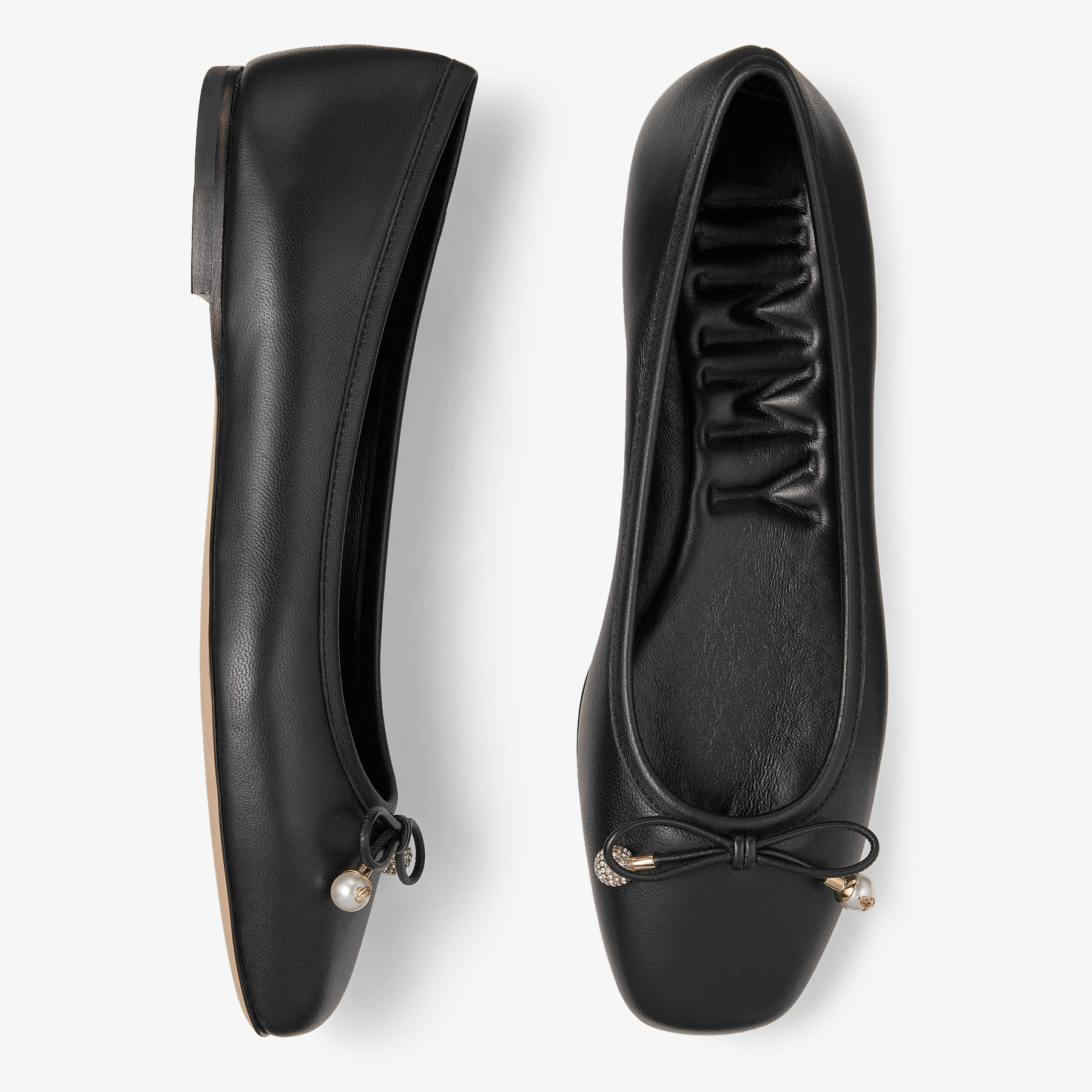 Elme Flat Black Nappa Leather Flats with Pearl Embellishment