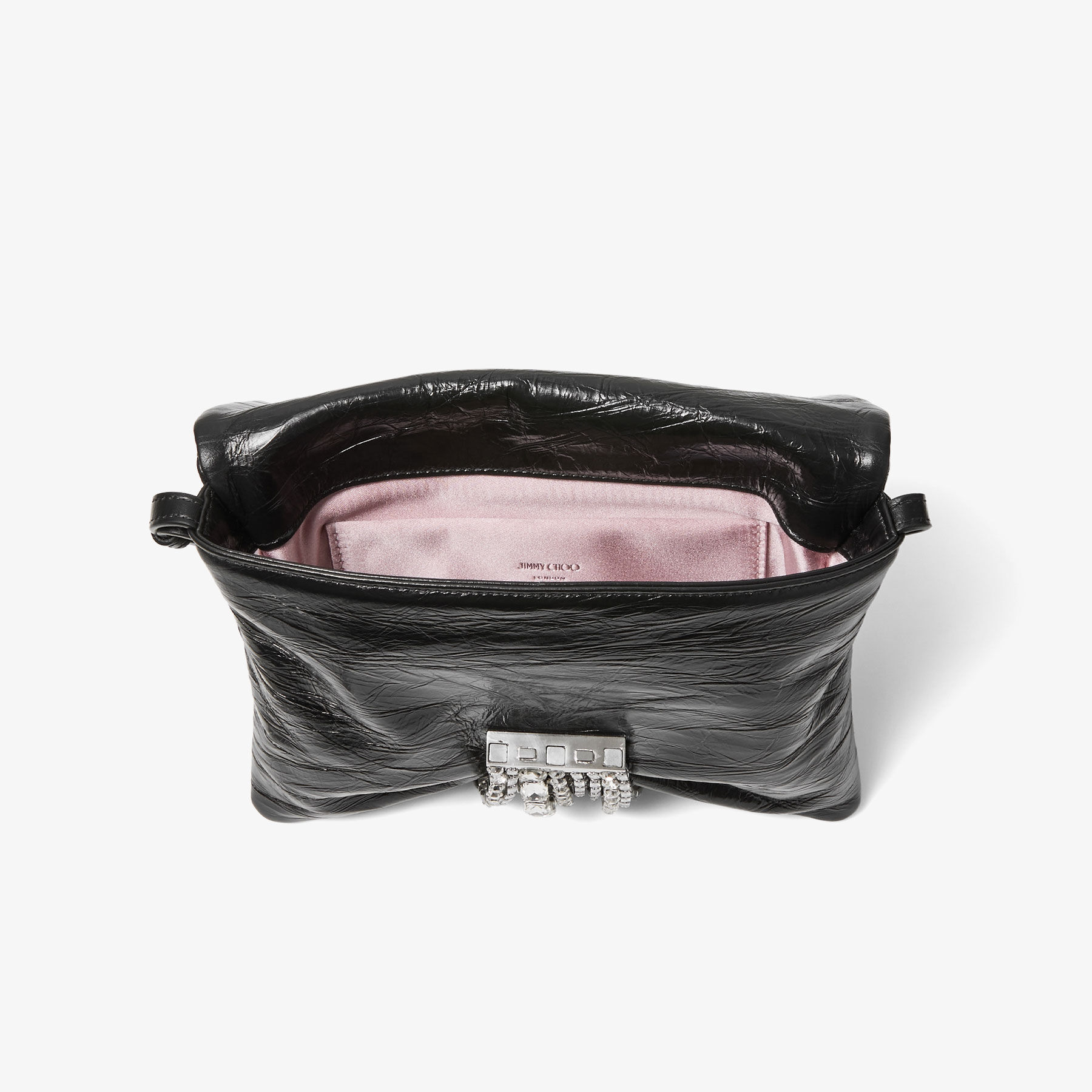 Zandra Shoulder Black Metallic Leather Shoulder Bag with Crystal Embellishments