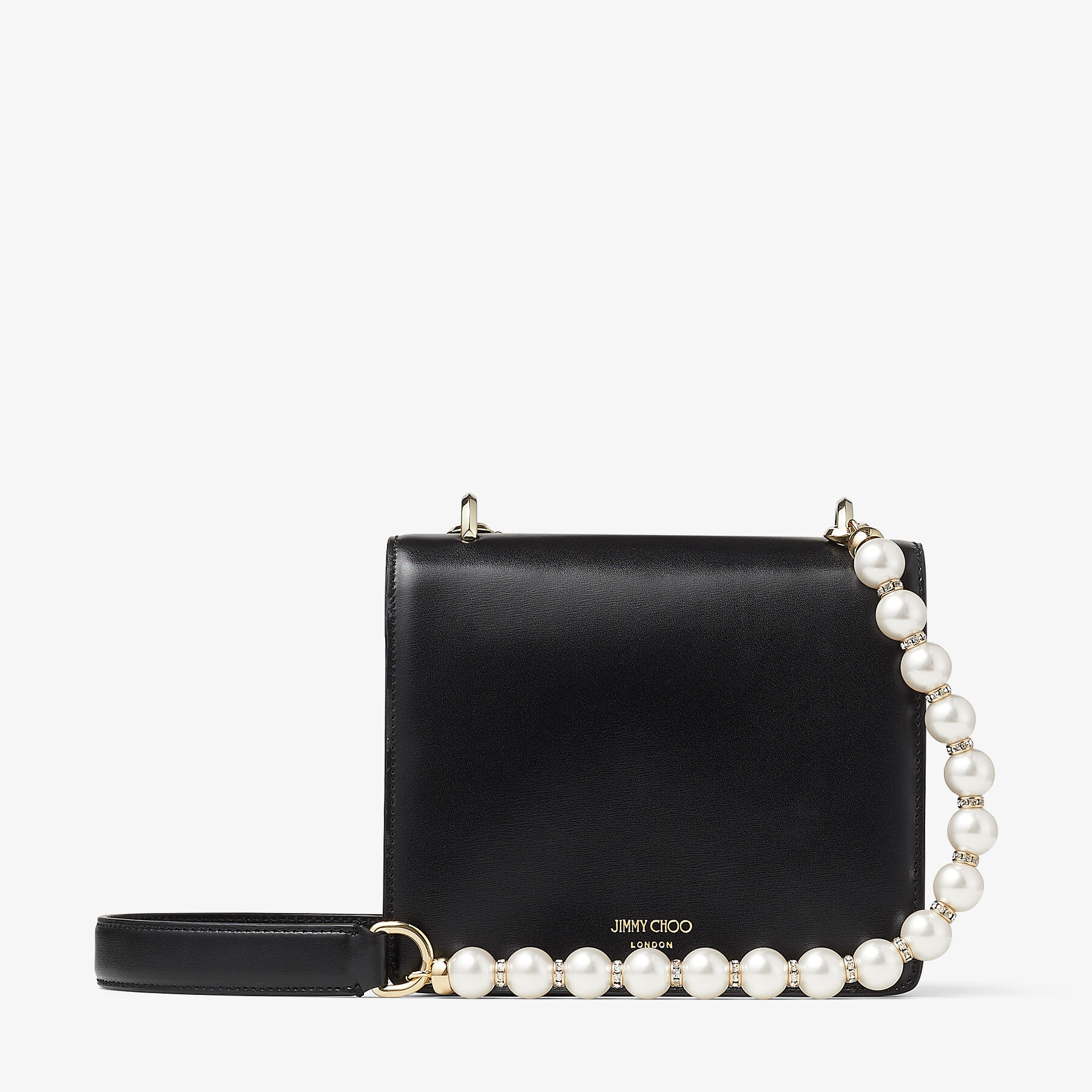 Avenue Quad XS Black Leather Shoulder Bag with Pearl Strap